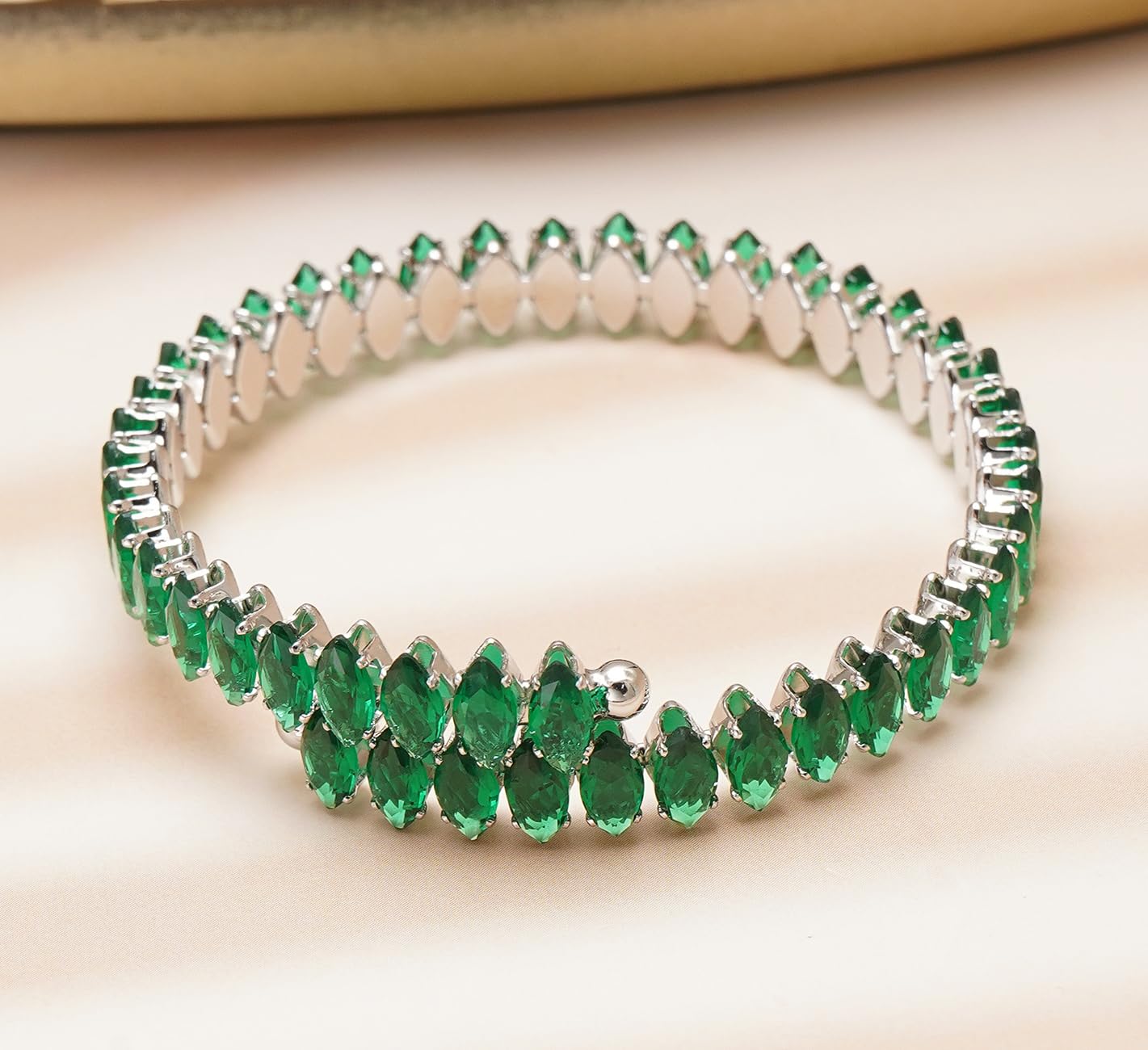 Wovanoo Rhinestone Cuff Bracelet Cubic Zirconia Tennis Bracelets Open Adjustable Elastic Bangle for Women Silver Green