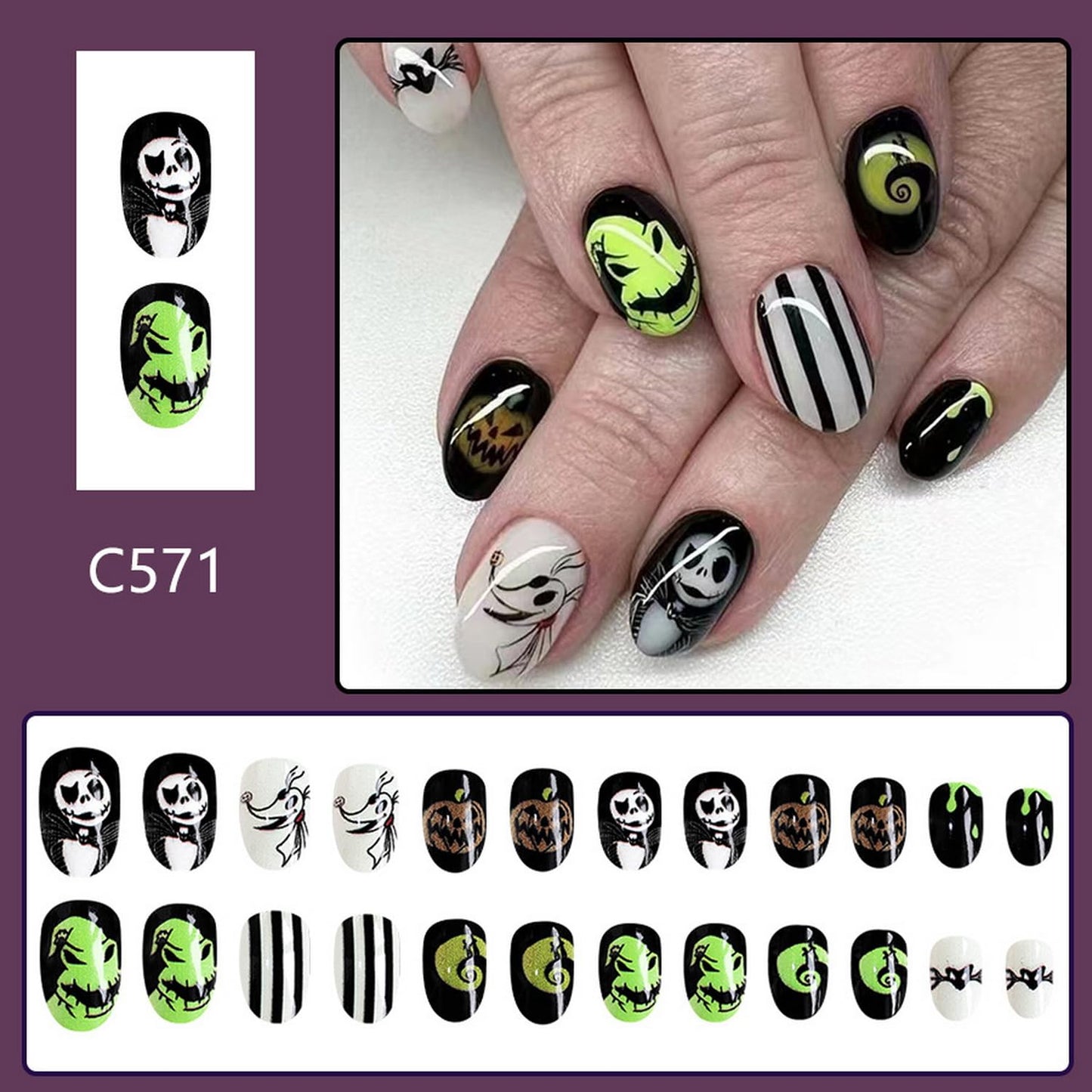 Halloween Press on Nails Short Almond Fake Nails with Skeleton Bat Pumpkin designs Spooky Nails Glossy Stick on Nails Black White Stripe False Nails Glue on Nails for Women Halloween Press ones 24pcs