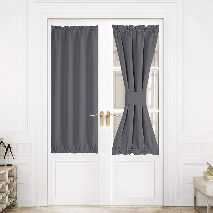 NICETOWN Door Curtains for French Door, Rod Pocket Privacy Thermal Insulated Sidelight Curtains with Tieback, Window Covering for Classroom, 1 Panel, 30 inch Wide x 64 inch Long, Grey