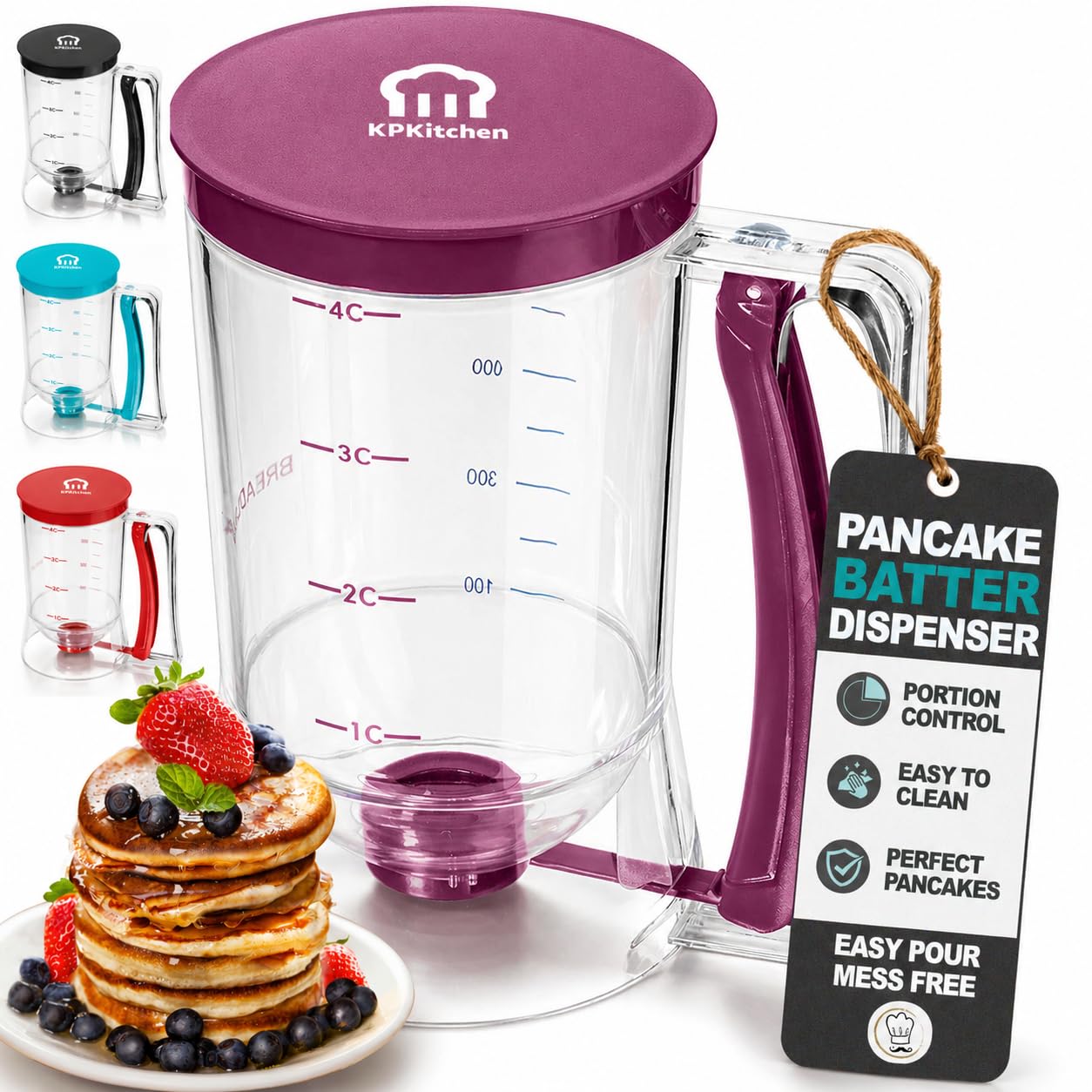 KPKitchen Pancake Batter Dispenser - Kitchen Must Have Tool for Perfect Pancakes, Cupcake, Waffle, Muffin Mix, Cake & Crepe - Baking Supplies for Griddle - Pancake Maker with Measuring Label (Purple)