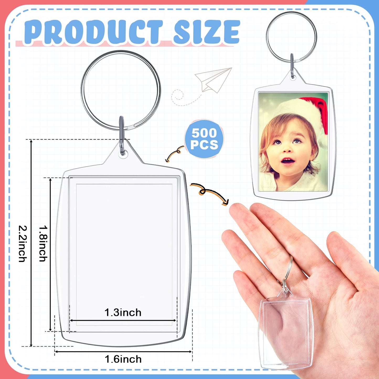 Junkin 500 Pcs 800 Pcs Acrylic Photo Frame Keyring 2.2 x 1.6 Inch Rectangle Clear Picture Keychains Bulk for DIY Crafts Family Gifts