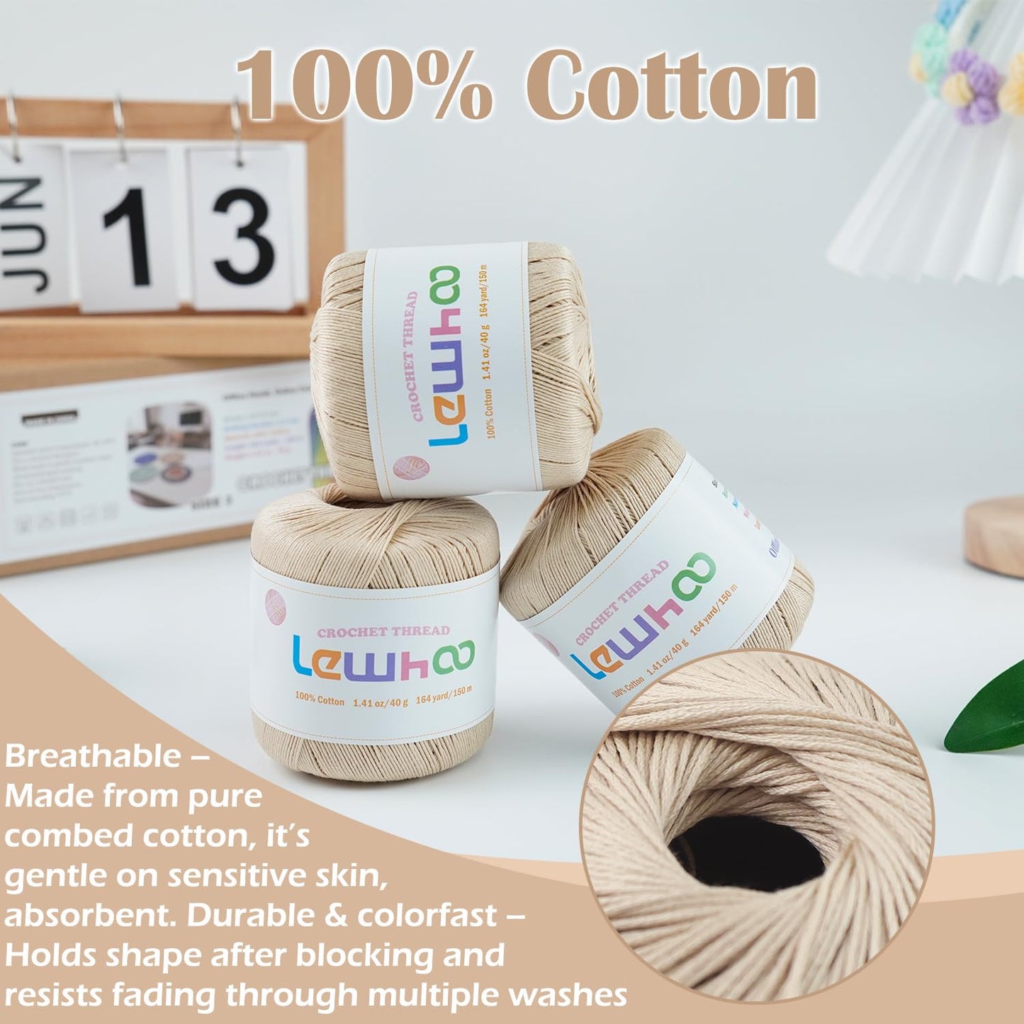 Lewhoo Size 3 Crochet Thread, 3 Pack Lace Yarn Ball 100% Cotton, 40g Each Ball Crochet Yarn for Hand Embroidery Natural