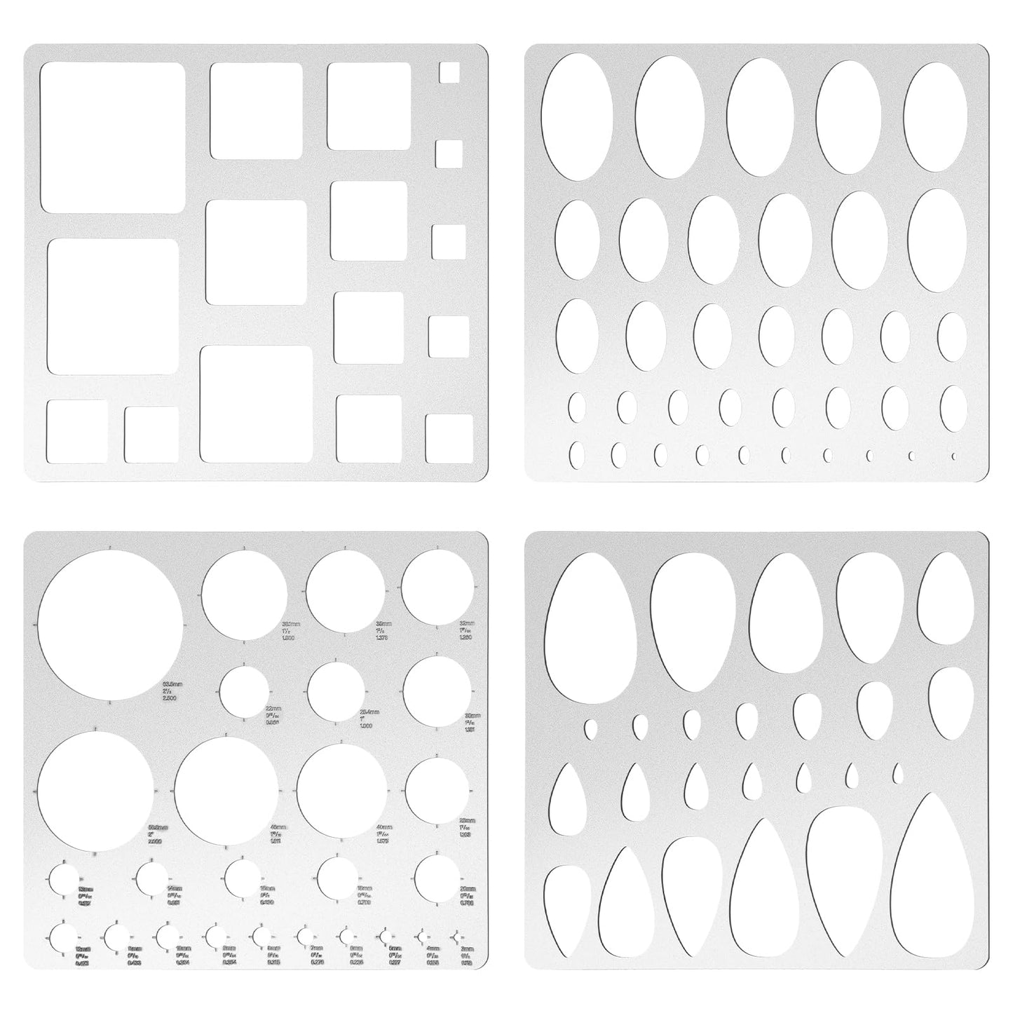 4 Pcs Metal Geometric Stencils Set Circle Ellipse Square Teardrop Templates for Drafting Round Stencil Jewelry Making Art Oval Tool Metric Ruler for Office and DIY Bracelets Earrings Craft