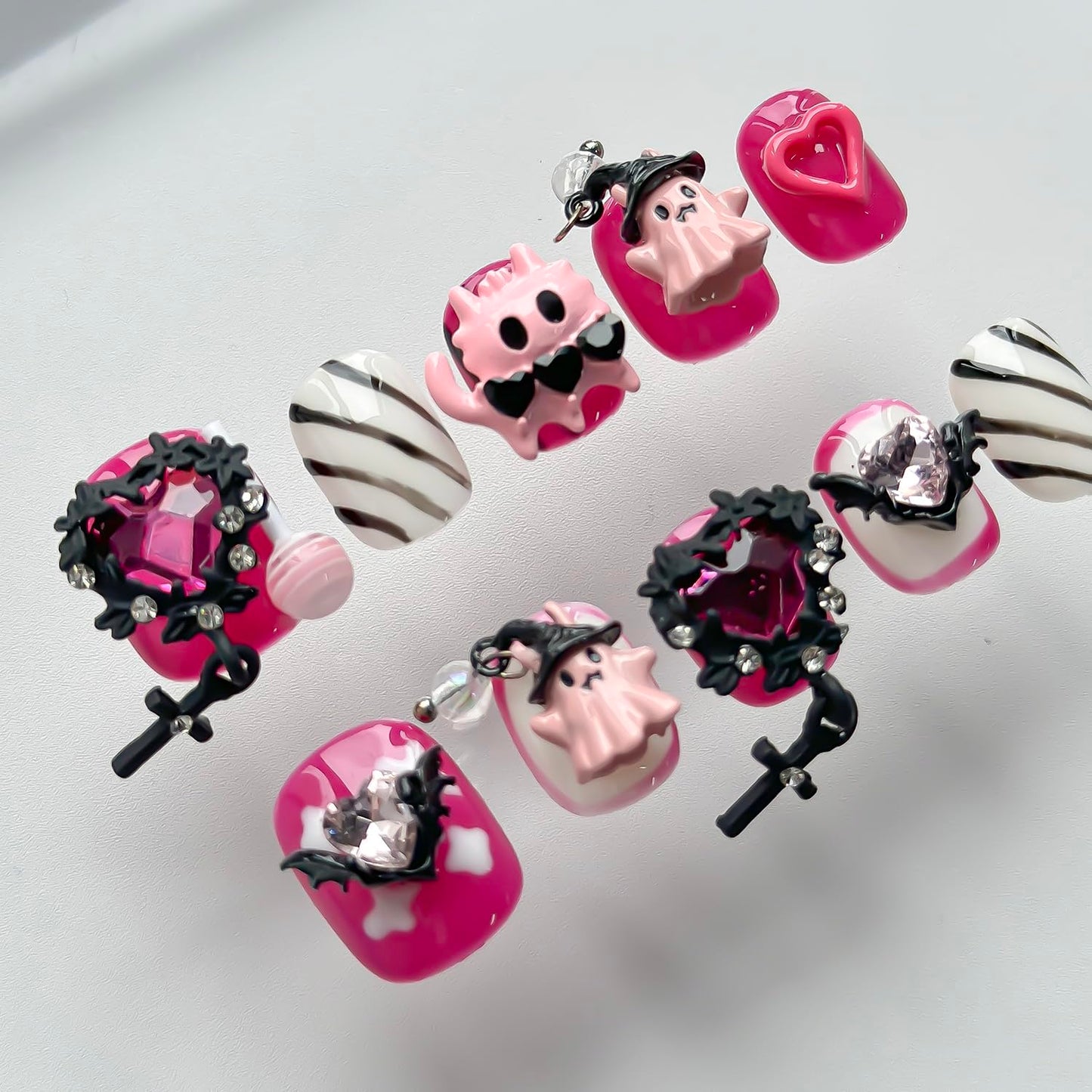 Halloween Press on Nails Short Square Cute Handmade Nails 3D Unique Reusable ABS Material Fake Nails Pink False Nails with Designs Cute Ghost Heart Charms Glossy Glue on Nail Thick Acrylic Nail(M)