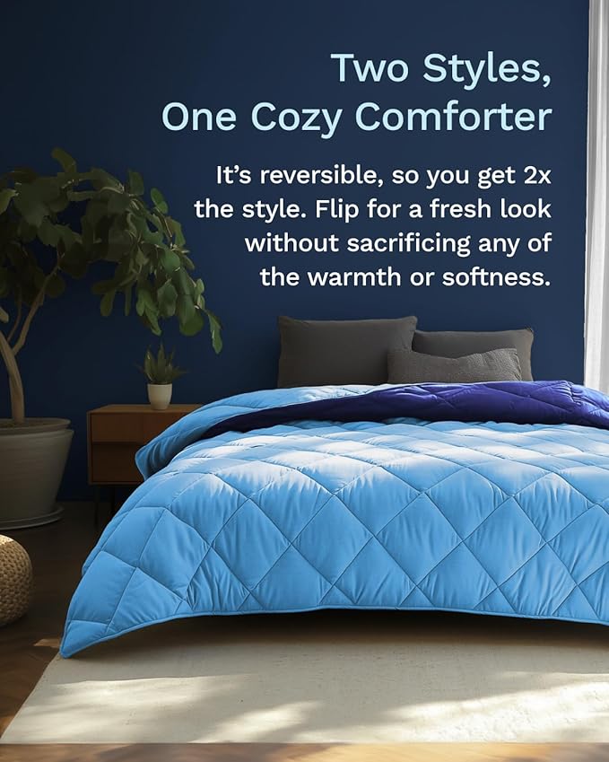 ViscoSoft Queen/Short Queen Microfiber All Seasons Down Alternative Quilted Comforter - Cooling Breathable Premium Soft Reversible Microfiber Duvet Blanket, Light Blue/Dark Blue