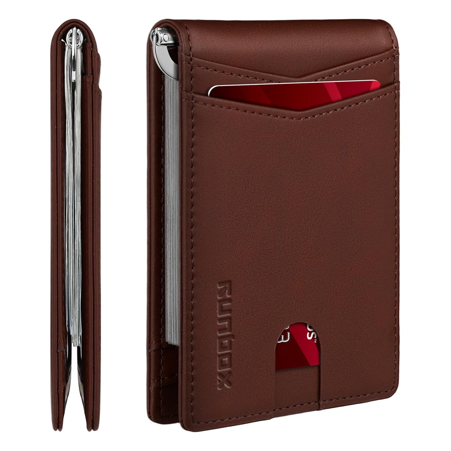 Slim Money Clip Wallets for Men RFID Blocking 8 Card Holder Minimalist Small Thin Carbon Leather Bifold Mens Front Pocket Wallet Gift Box(Canyon Red)