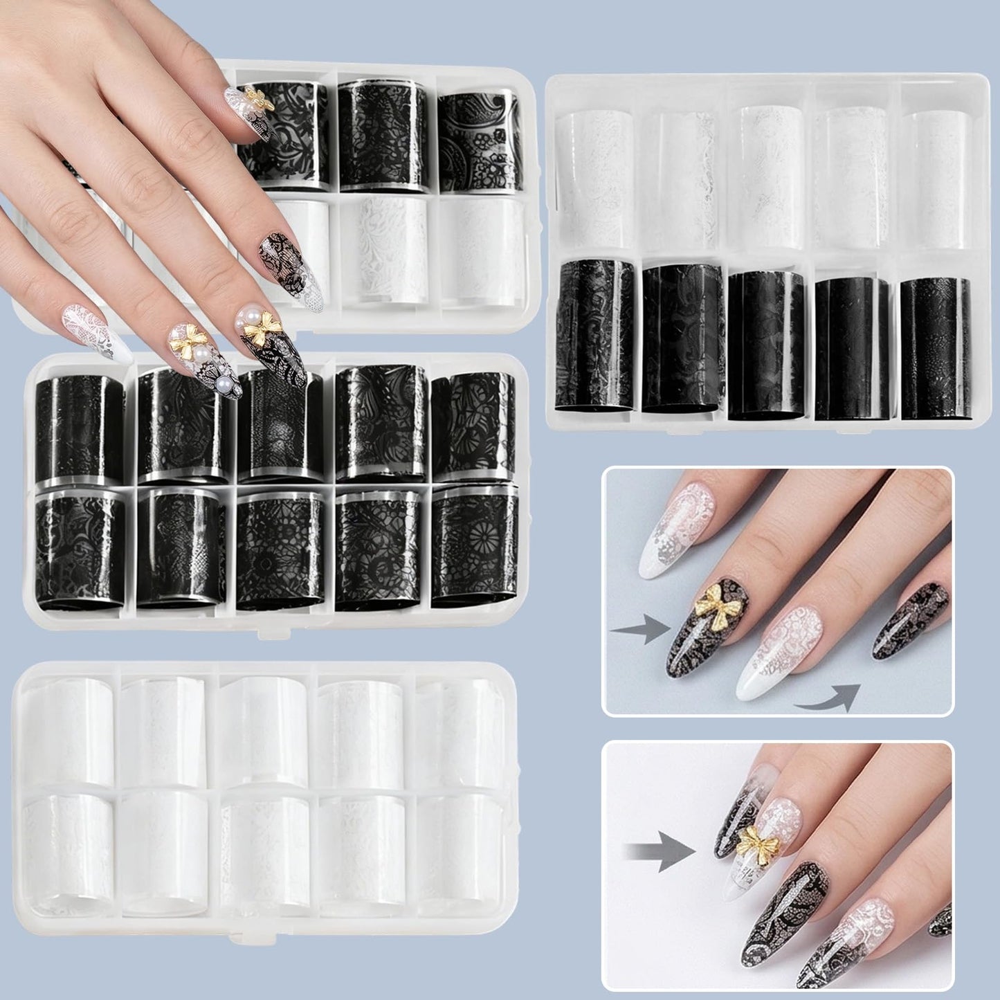Aiuulu 40 Rolls Lace Nail Foil, Holographic Lace Transfer Foil Sheets for DIY Nails Art, 4 Boxes Black & White Transfer Stickers Flower Decals