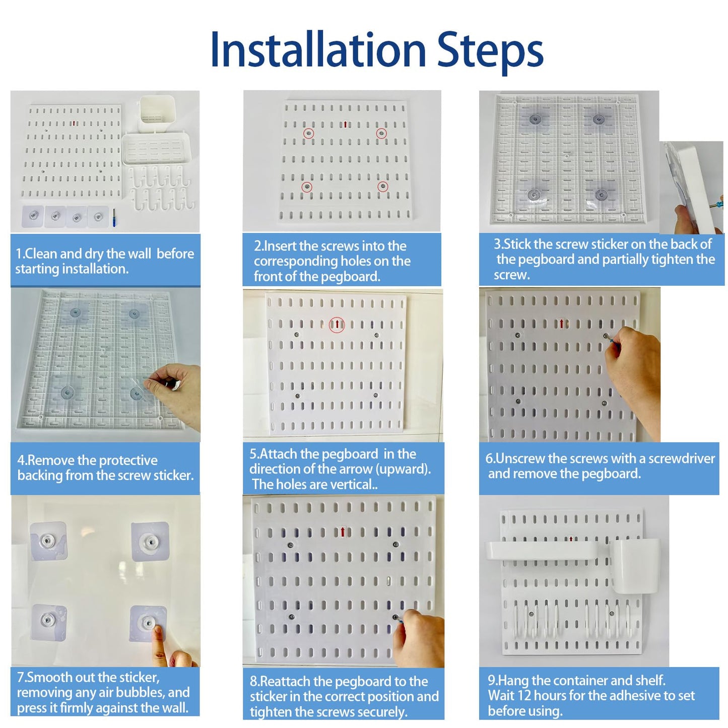 bizxdev Pegboard Wall Organizer Combination Kit,4 Pegboards with 48 Accessories For Kitchen, Bedroom, Bathroom, Game, and Office Storage. Nail-Free Installation（White 22” x 22”）