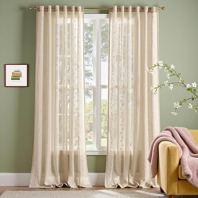 jinchan Winslow Sheer Curtains 96 Inch for Bedroom Living Room Embroidered Bordered Floral Nursery Curtains for Playroom Light Filtering, Ivory on Beige, 2 Panels, 50W x 96L
