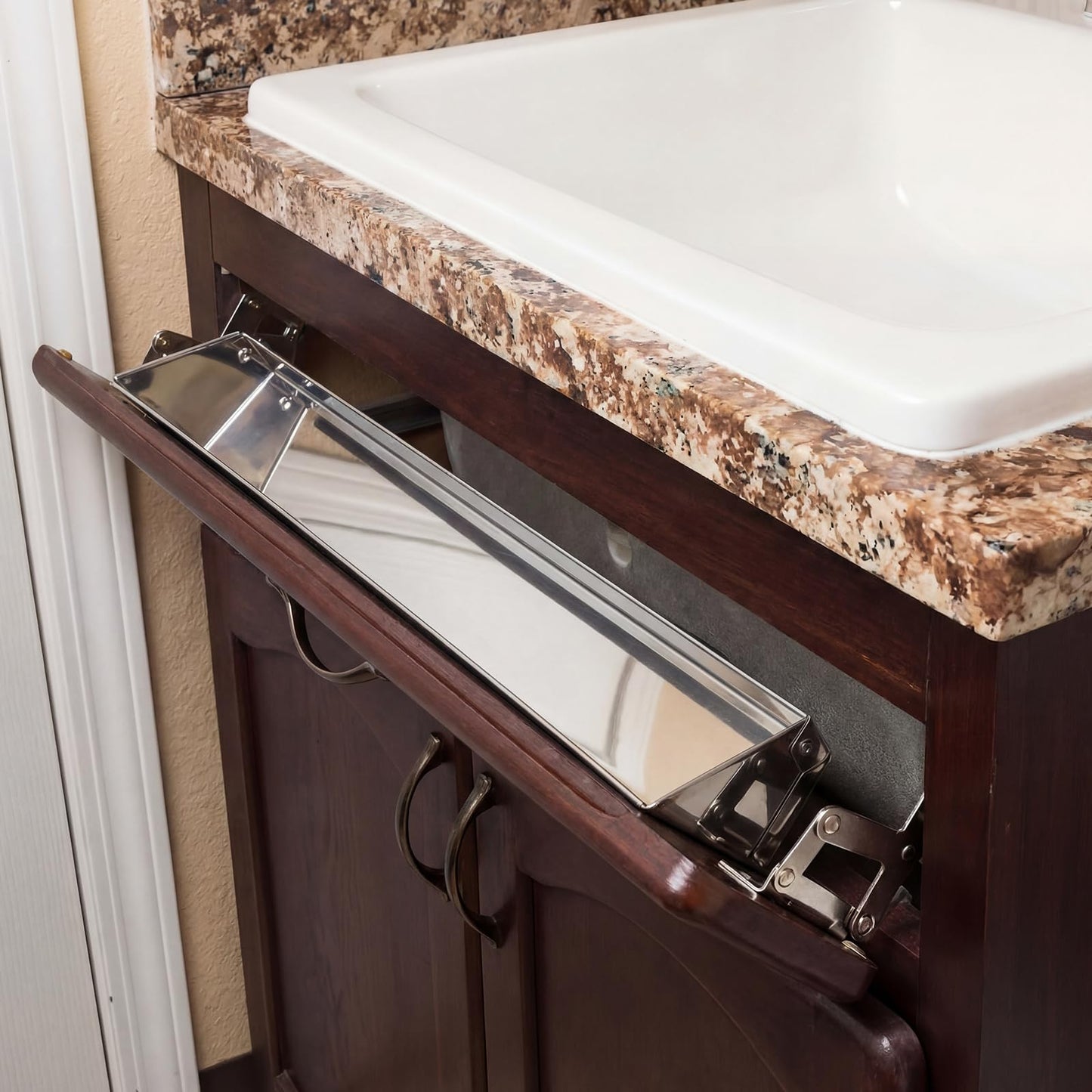 Yiyiring 2 Set 16 Inch Stainless Steel Sink Drawer Tip Out Tray Kit Include Tip-Out Sink Trays and Hinges Large Pull Out Storage Organizer for Kitchen Bathroom Base Cabinets