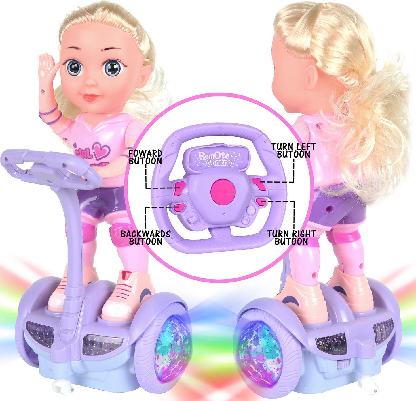 Doll Set with Remote Control Toy Electric Scooter for Kids with LED Lights Music and 360° Rotation