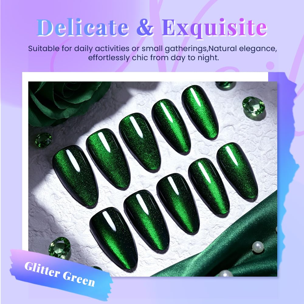 XZMeiLun Cat Eye Green Press On Nails Almond Medium Length, Magnetic Acrylic Fake Nails Stylish Design, Salon-Quality Shiny Finish, Reusable Stick On Nails Kit for Women, Daily Wear (No Glue Included)