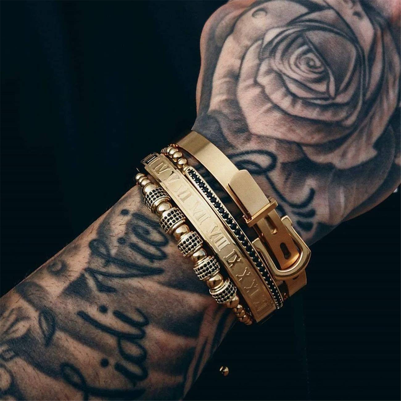 Jarlinwel Gold Silver Plated Bracelets for Men Women Roman Numeral Bangle Bracelet Stainless Steel Personalized Engraved Unisex Gift (4 Pcs Mens Gold Bangle)