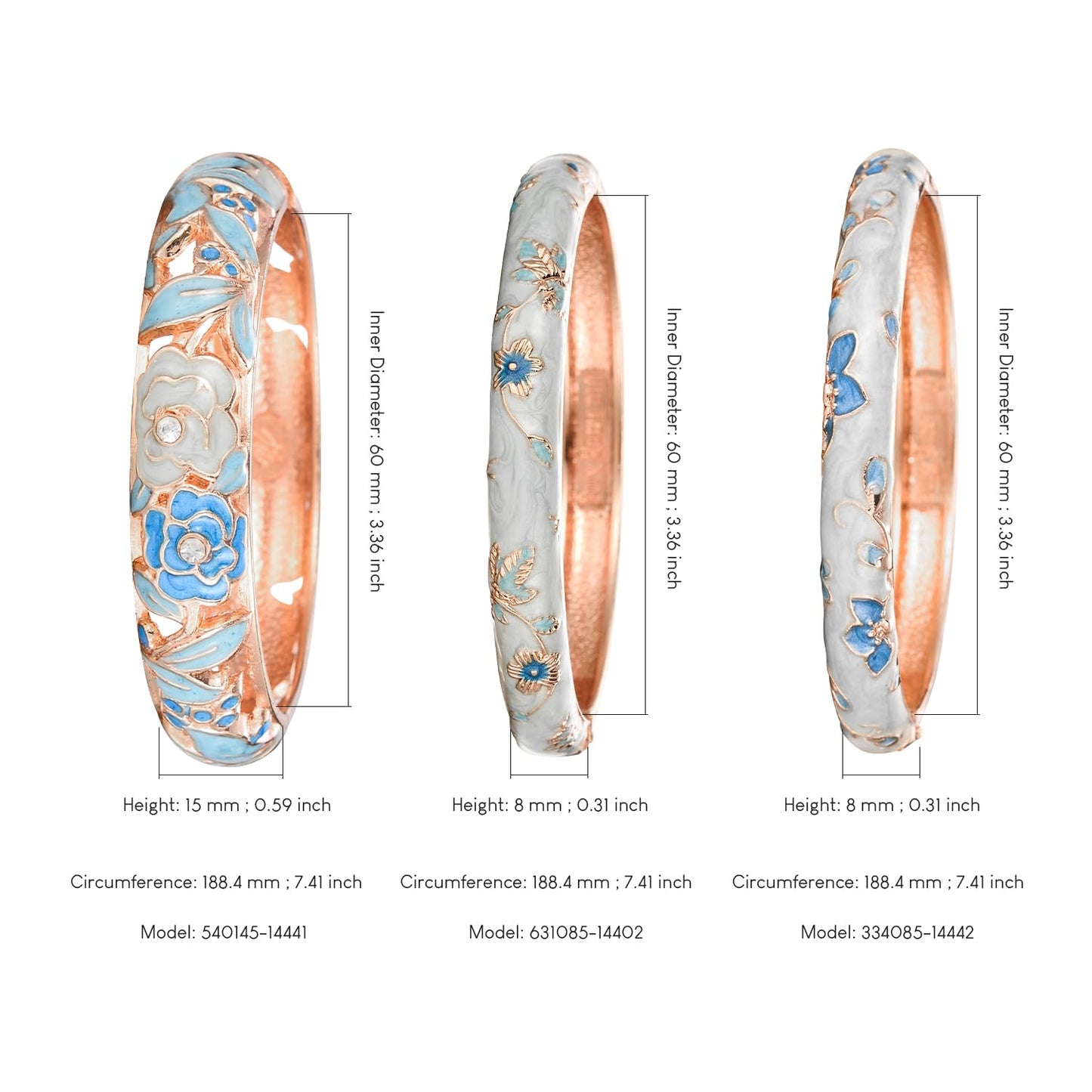 UJOY Fashion Cloisonne Bangle Jewelry Hollowed Rose Handmade Enamel Gifts Cuff Open Bracelet Bangles for Women Gilrs 88A10 3pcs Light Blue