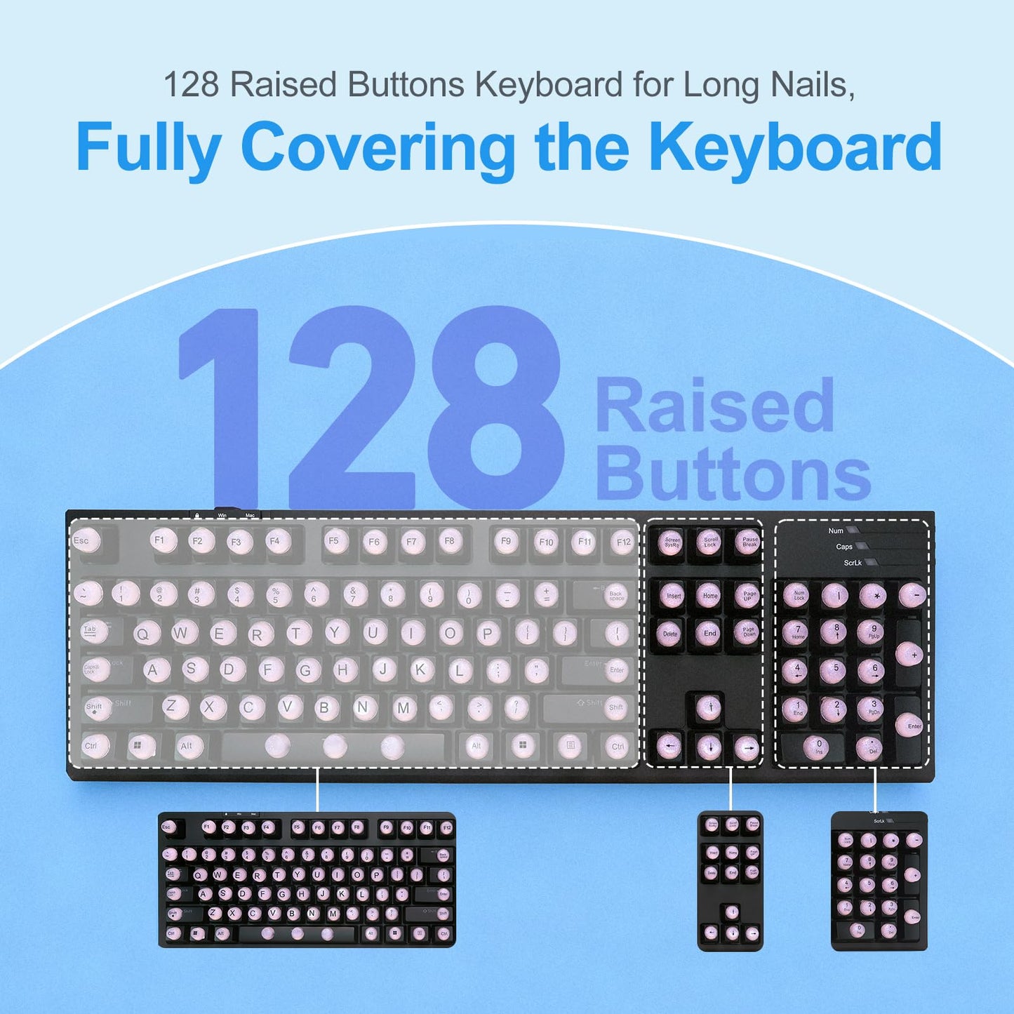 Raised Keyboard Stickers for Long Nails, Bling Keyboard Bubbles for Women with Letters, Soft Silicone Nail Art Typing Keycaps for Desktops (Pink, 128pcs)
