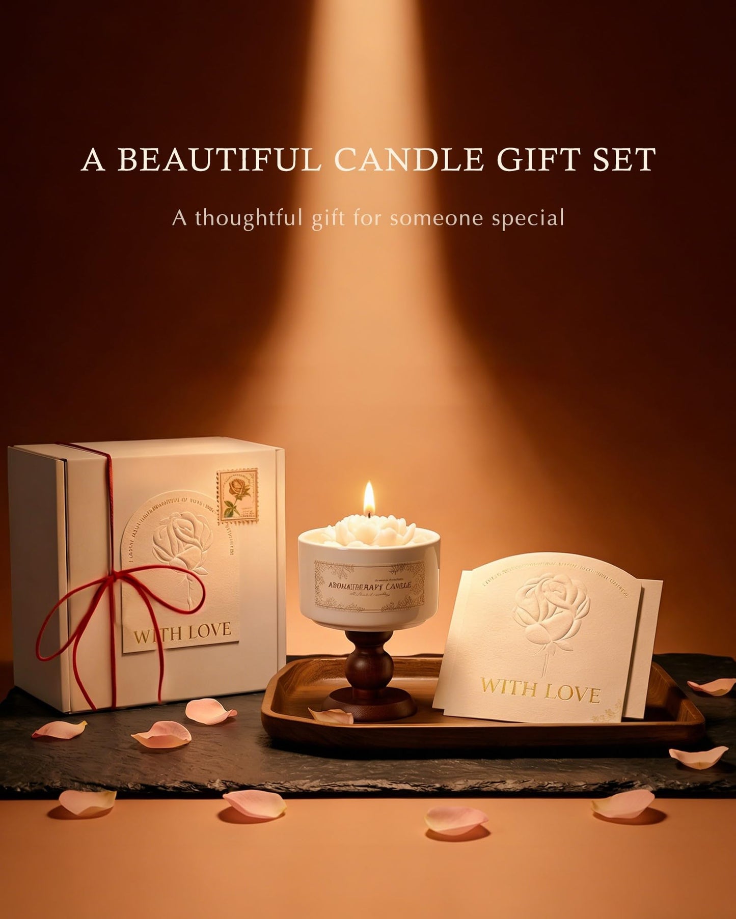 Candle Gift Set for Women, White Peach Oolong Scented Soy Aromatherapy Candle with Greeting Card & Box, Decorative Long Lasting Candles for Home, Birthday Gifts for Mom Friend