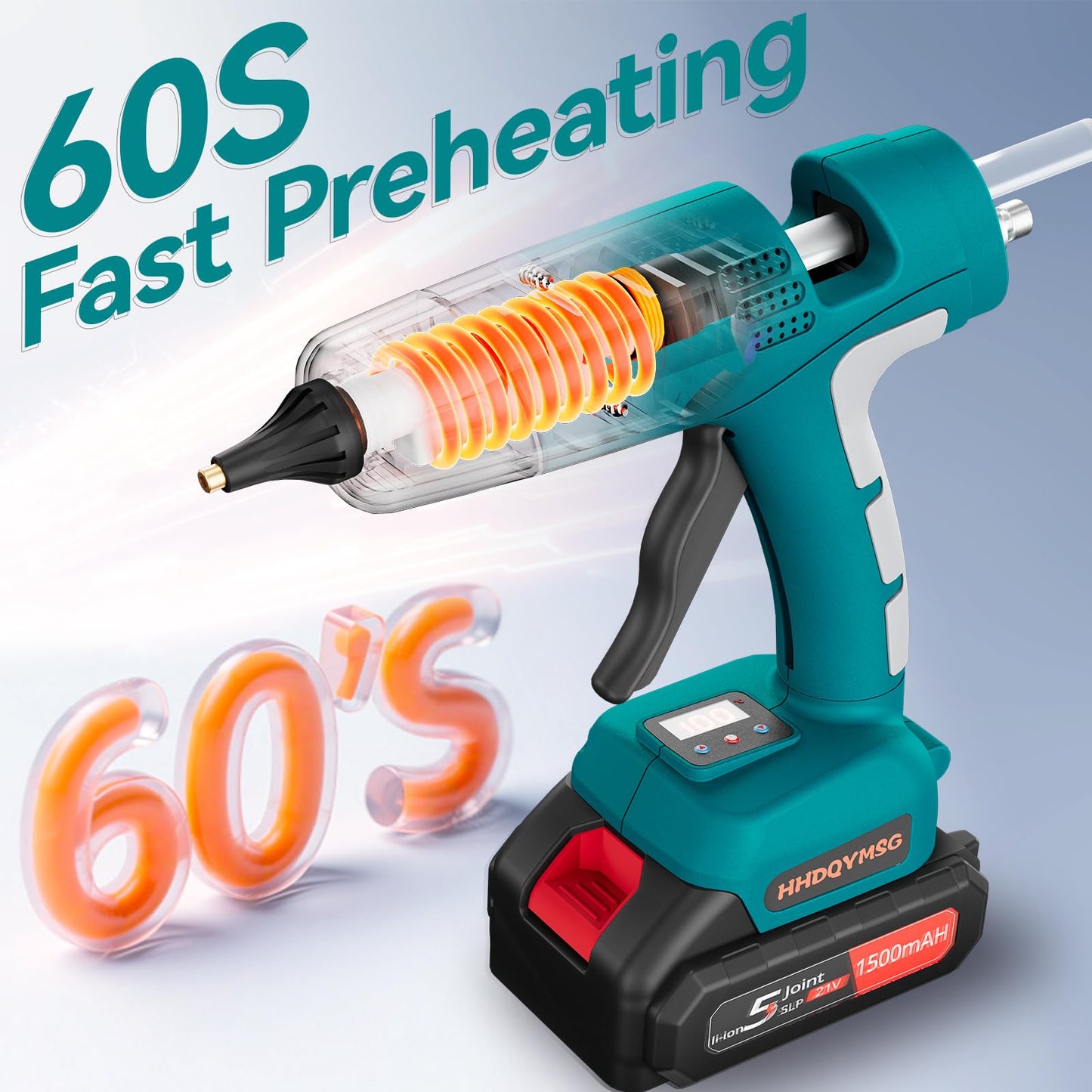 HHDQYMSG 100W Cordless Hot Glue Gun with Temp Adjust & LCD Digital Display, 60S Fast Preheating Hot Glue Gun Full Size with 30Pcs Premium Sticks for DIY Crafts, Repair and Construction