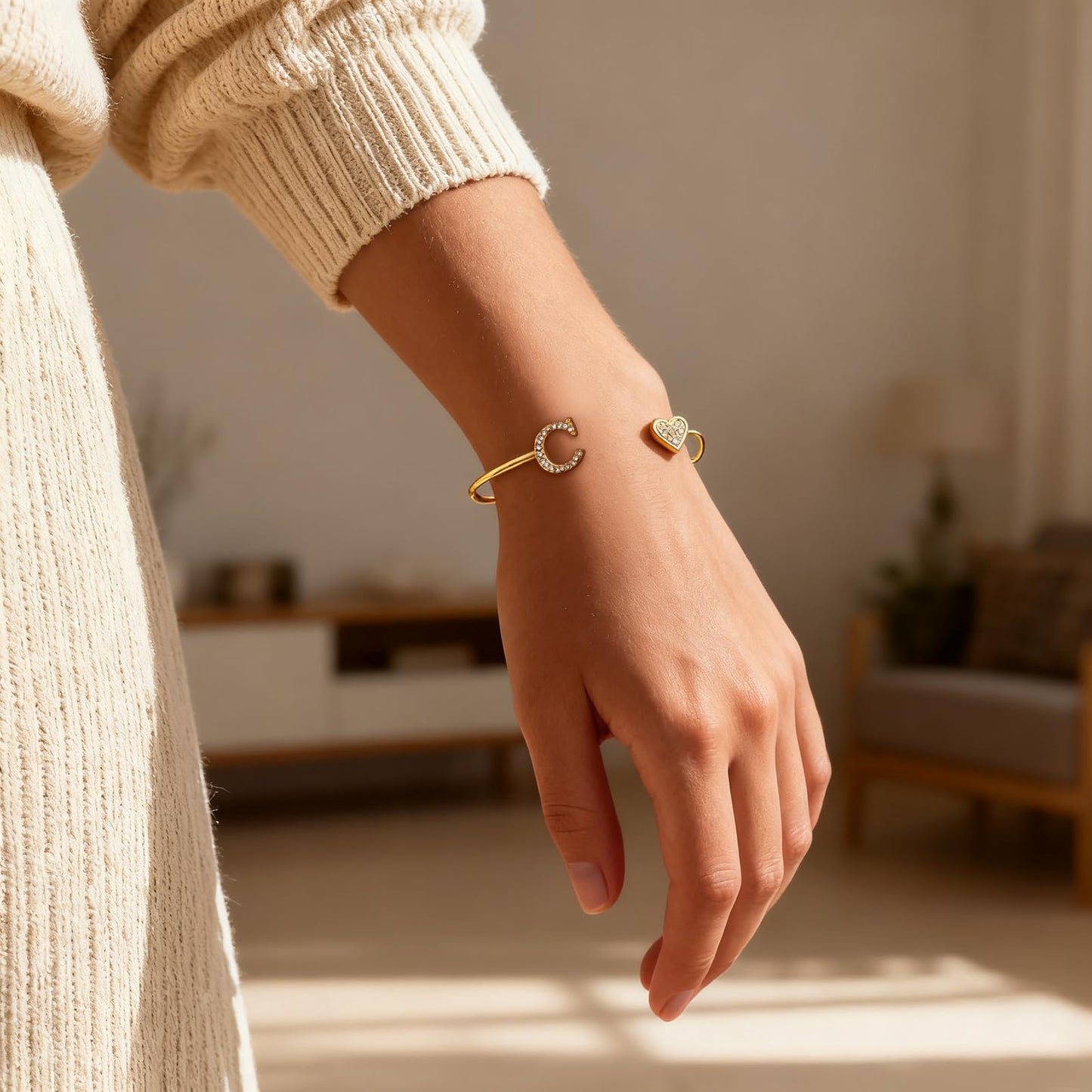 BXDA Trendy Gold Plated Heart Initial C Cuff Bangle Bracelet for Women, Handmade Statement Cubic Zirconia Stackable Open Letter Bracelets Fashion Jewelry Accessories Gift