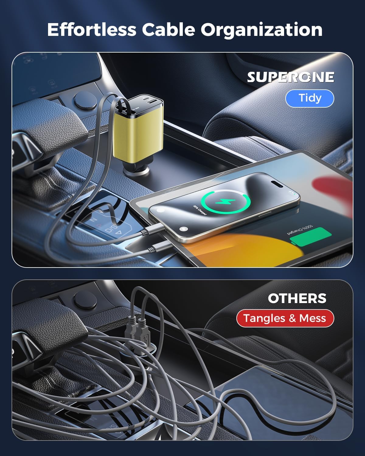 [2024 Upgraded] 4 in 1 Retractable Car Charger, SUPERONE Smaller Fast Car Phone Charger 69W with Cord, USB C and iPhone Car Charger Adapter, Compatible iPhone 15/15 Pro Max/14/13/12/11, Sumsung