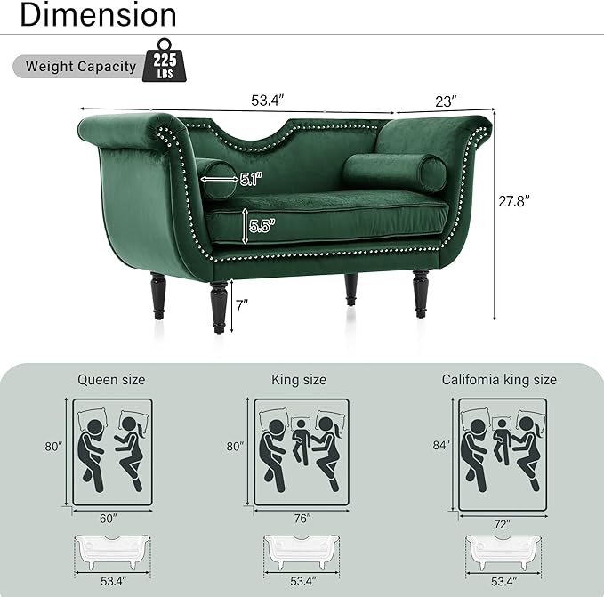 Christopher Knight Home Aurora Velvet Chaise Lounge Indoor with 2 Bolster Pillows, Upholstery Entryway Bench with Nailhead Trim & Curved Arms, End of Bed Bench Ottoman and Wooden Legs, Green