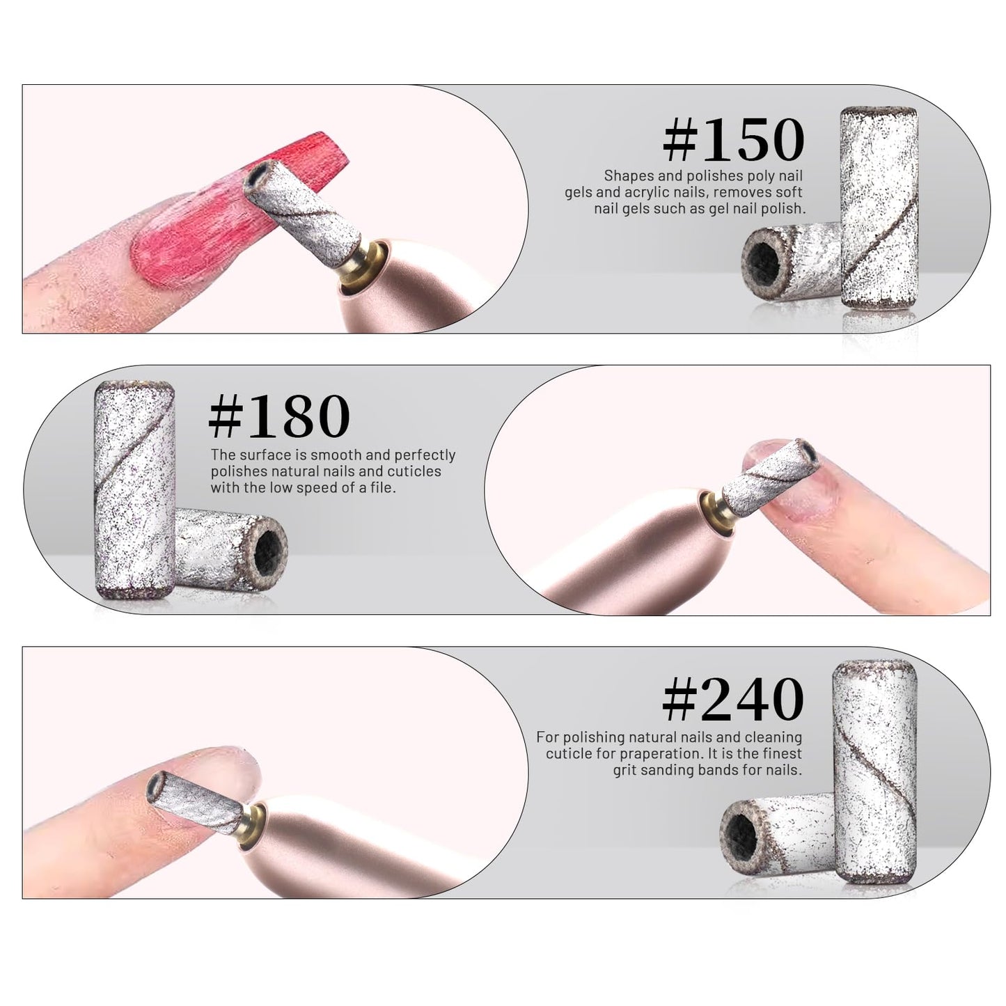 BLESWIN 200pcs #180#240 Grit Small Sanding Bands for Nail Drill with 2pcs 3/32’’ Upgrade Mandrels Bits, Mini Sanding Bands for Nail Drill for Manicure Nail Salon and Nail Enthusiasts Use – White