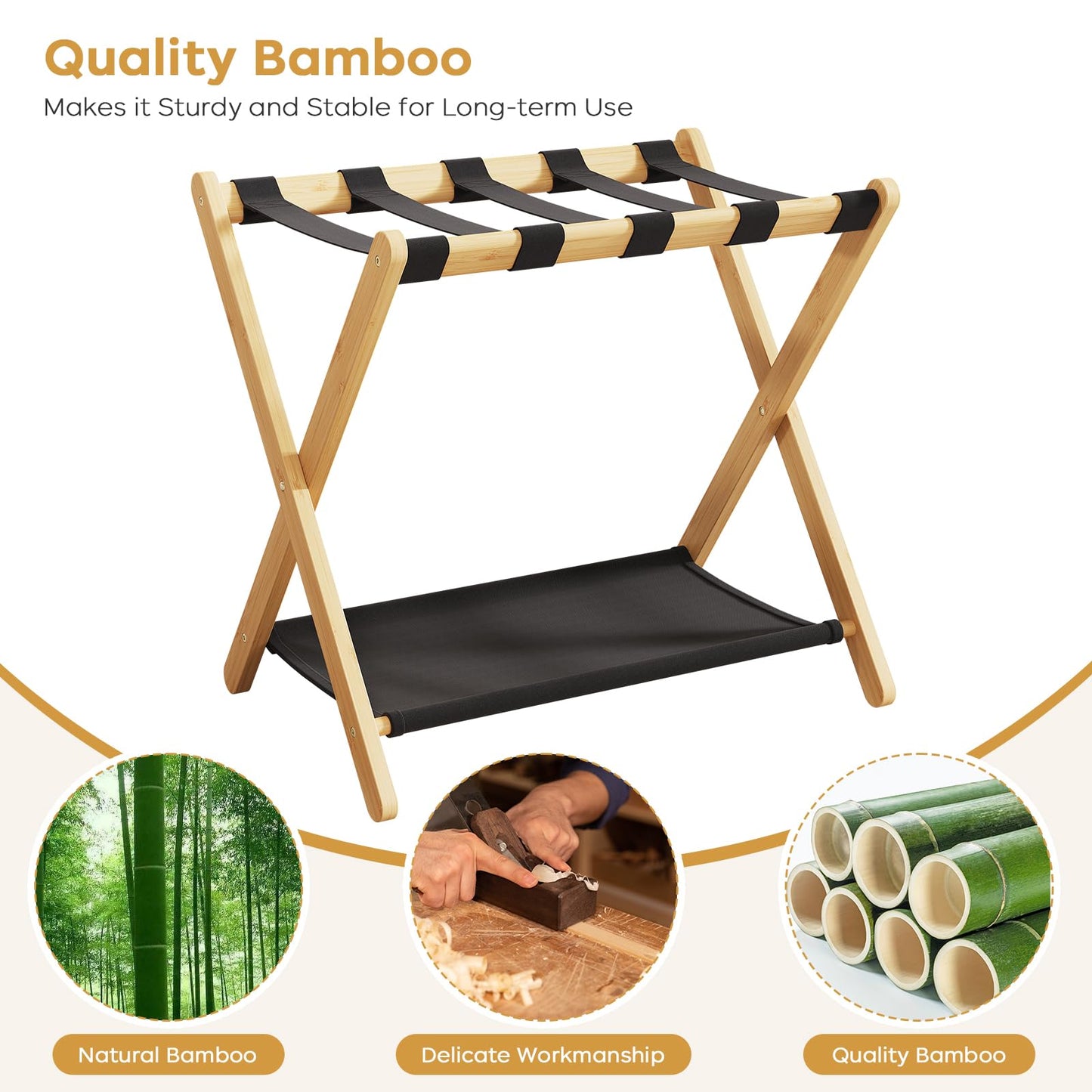oakvivo Fully Assembled Luggage Racks Pack of 2, Bamboo Natural Foldable Luggage Rack for Guest Room, Suitcase Stand with Fabric Storage Shelf for Hotel, 5 Nylon Straps, 26.77" W x 16.93" D x 22.5" H