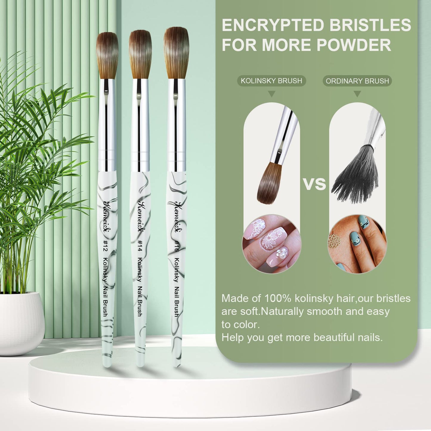 Acrylic Nail Brush Size 16,KEMEISI 100% Pure Kolinsky Nail Art Brushes Sturdy Marble Handle Oval Shaped Acrylic Powder Nail Design Tools for Professional Manicure DIY Home Salon (White)