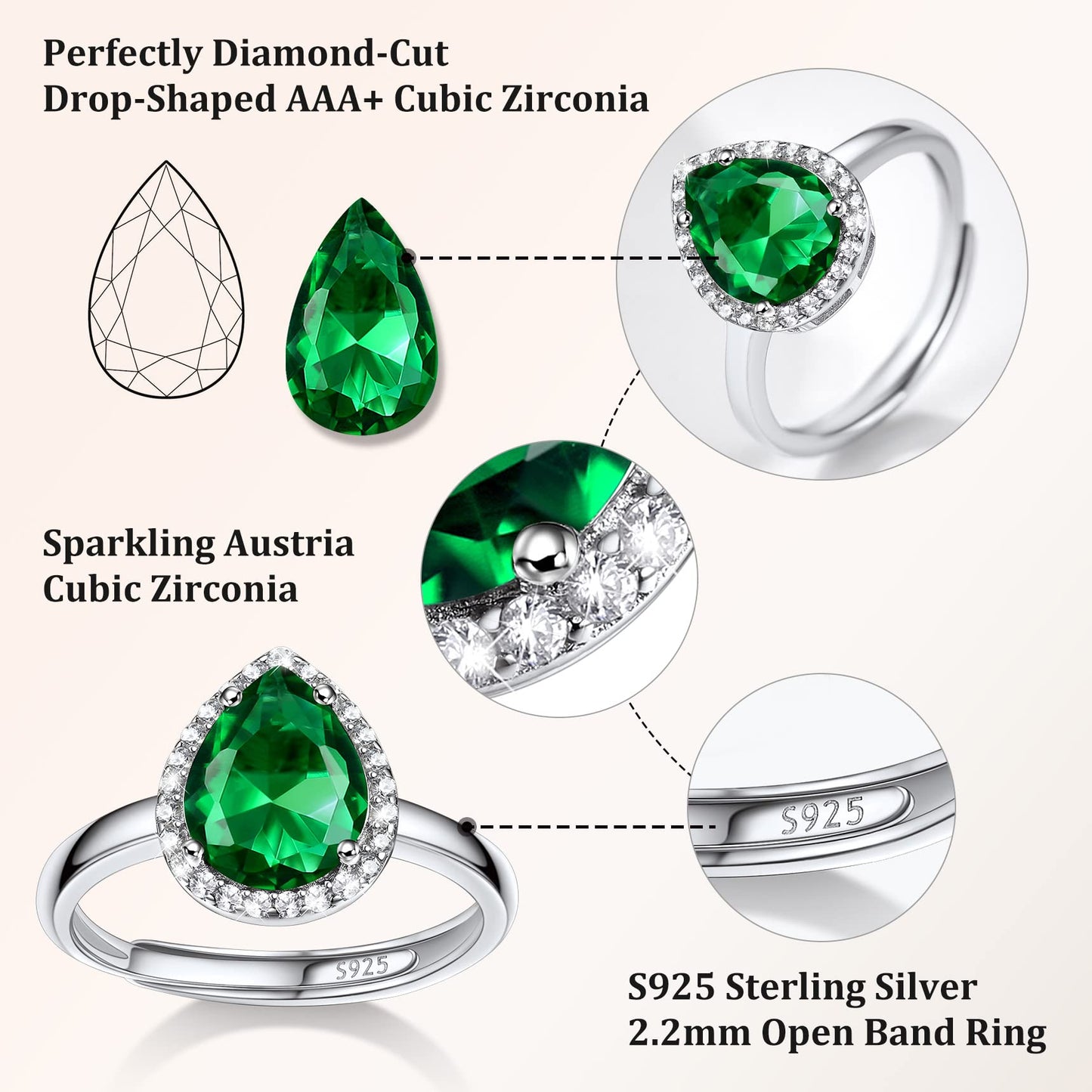 Bestyle Teardrop May Emerald Birthstone Rings Embellished with White Cubic Zirconia Minimalist Sterling Silver Open Band Gemstone Rings for Birthday/Christmas/Party/Anniversary/Wedding