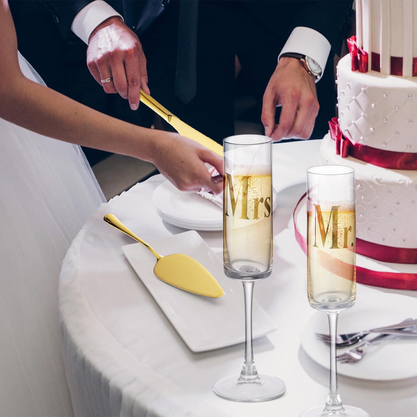 Boao 4 Pieces Wedding Toasting Flutes and Cake Server Set Wedding Reception Supplies Champagne Glasses Cake Knife Pie Server (Gold,Elegant)
