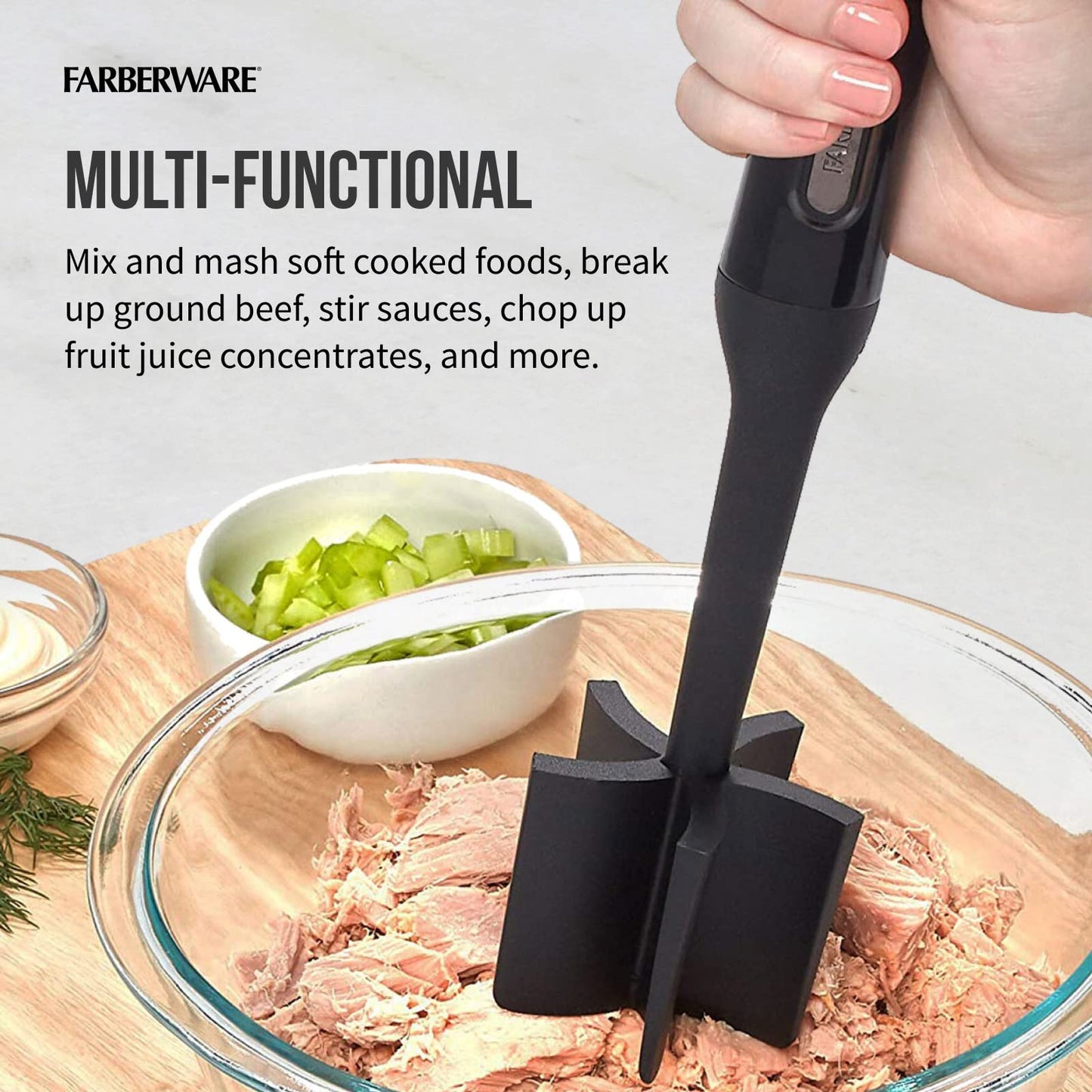 Farberware Meat Chopper and Potato Masher, Nylon Ground Beef Chopper Tool with 5 Blades, Heat-Resistant Meat Masher for Nonstick Pans, Dishwasher Safe, 10 Inches