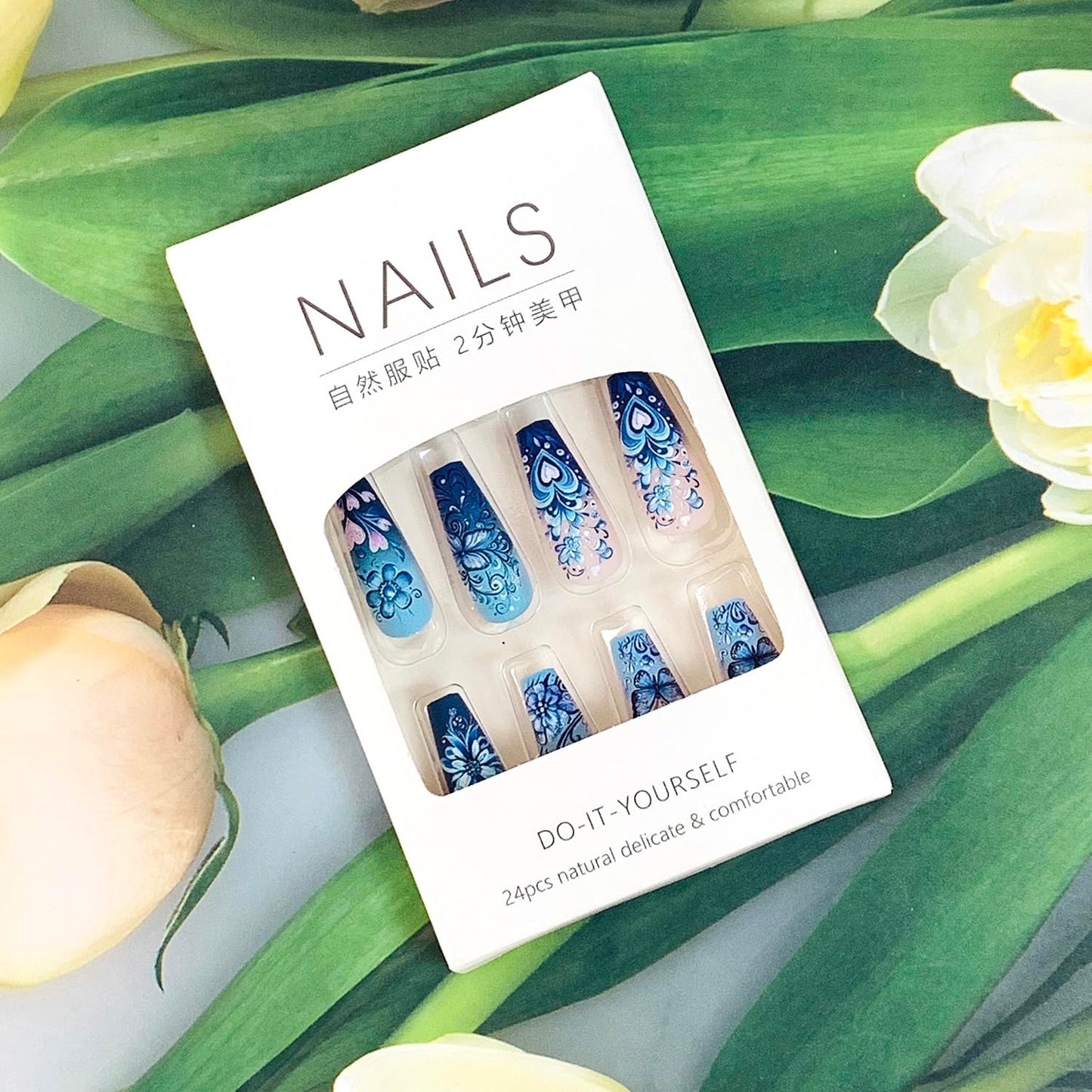 EYZOTSF Press on Nails Medium Square Shaped Acrylic Medium Square Shaped False Nails with Designs Artificial Short Coffin Fake Nails with Charms Glue ons Fingernails for Women Girls(CY1075)