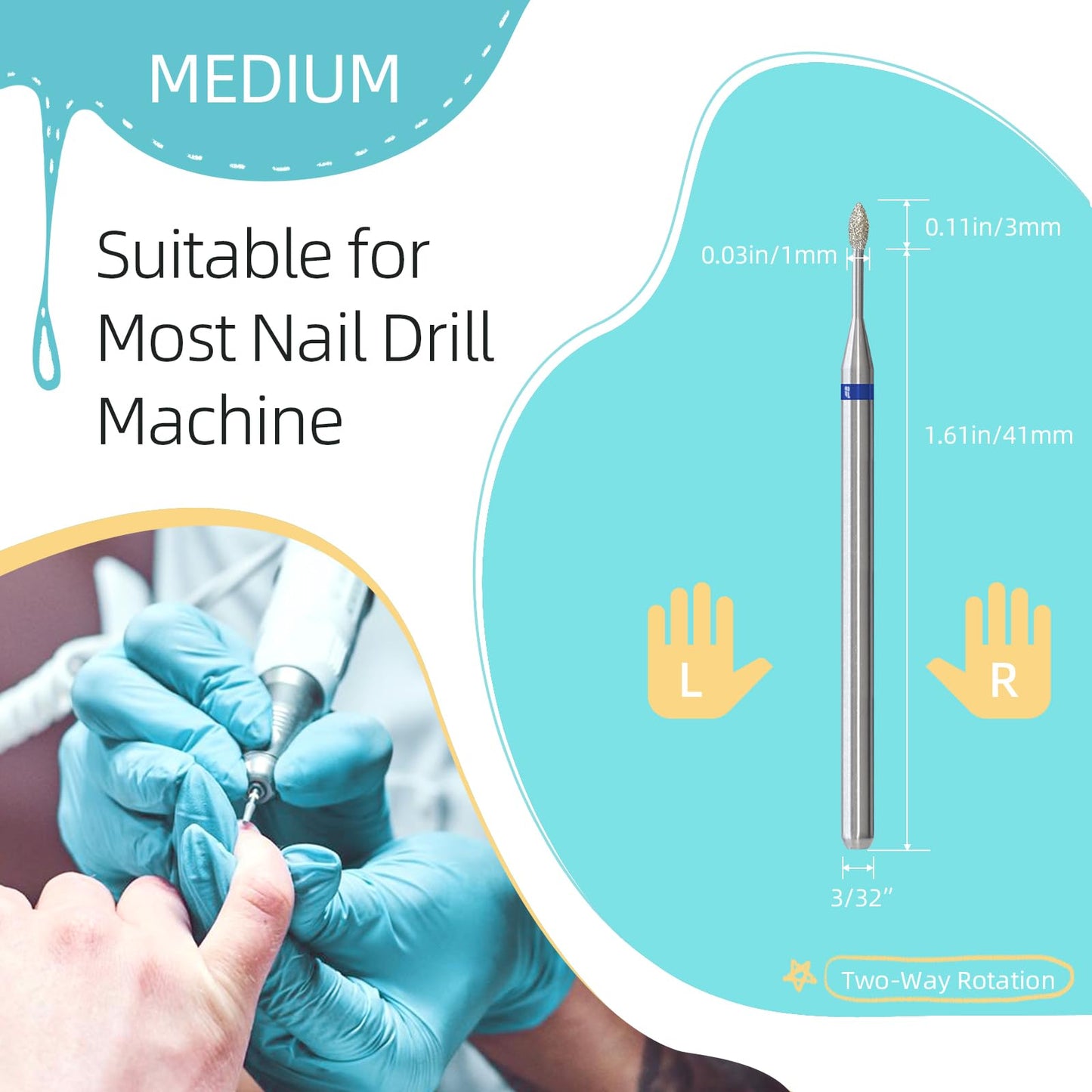HYTOOS 1mm Mini Flame Cuticle Clean Nail Drill Bit, 5Pcs/Set Russian Diamond Nail Bits Professional Safety Under Nail Cleaner Burr for Cuticle Dead Skin, Electric Nails Drill Accessories, Medium