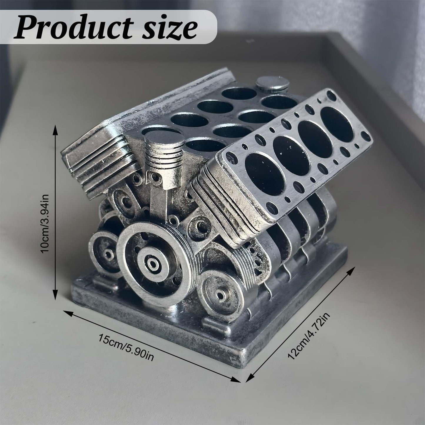 Tizee V8 Engine Model Pen Pencil Holder - Creative Desk Organizer for Home Office| Resin Desktop Stationery Storage with Compartments | Gift for Car Enthusiasts, Mechanics, and Engineers (Silvery-A)