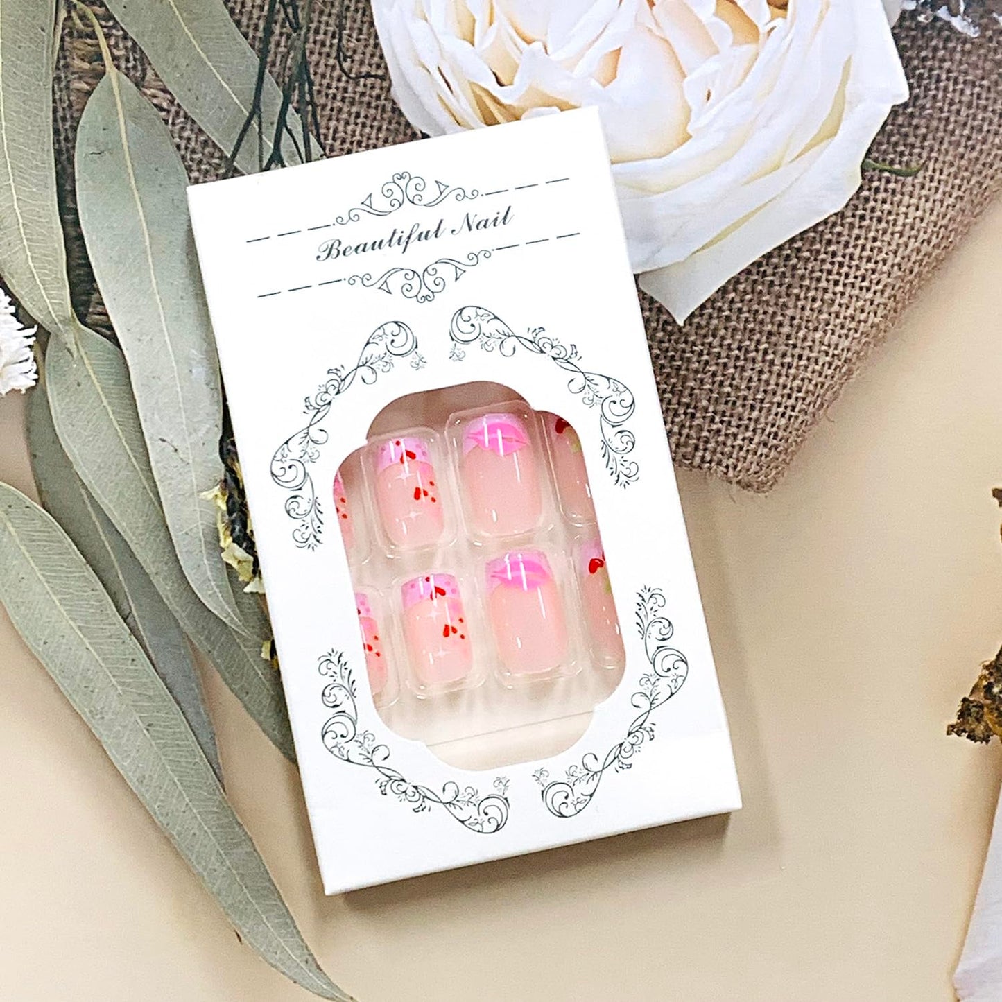 Press On Glossy Full Cover Acrylic Short Length Square French False Nails with Heart Lips Flame Designs Artificial Square Shaped Fake Nails Glue Ons for Women Girls