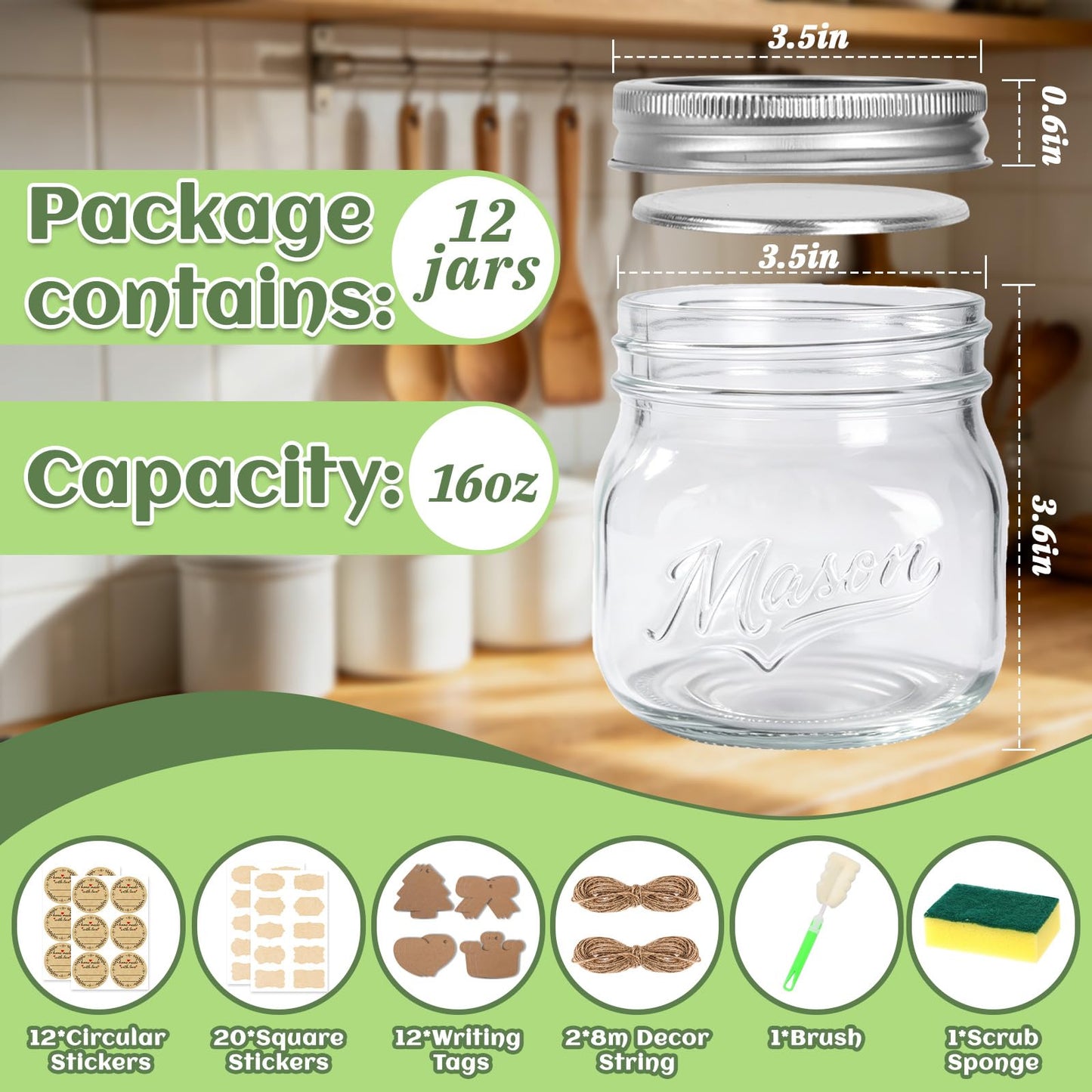 BIGIVACA 16 oz Wide Mouth Mason Jars, 12 Pack Canning Jars with Embossed Fruit Pattern, Glass Jars for Food Storage, Preserving, Pickling, Meal Prep, DIY Crafts and Home Decor