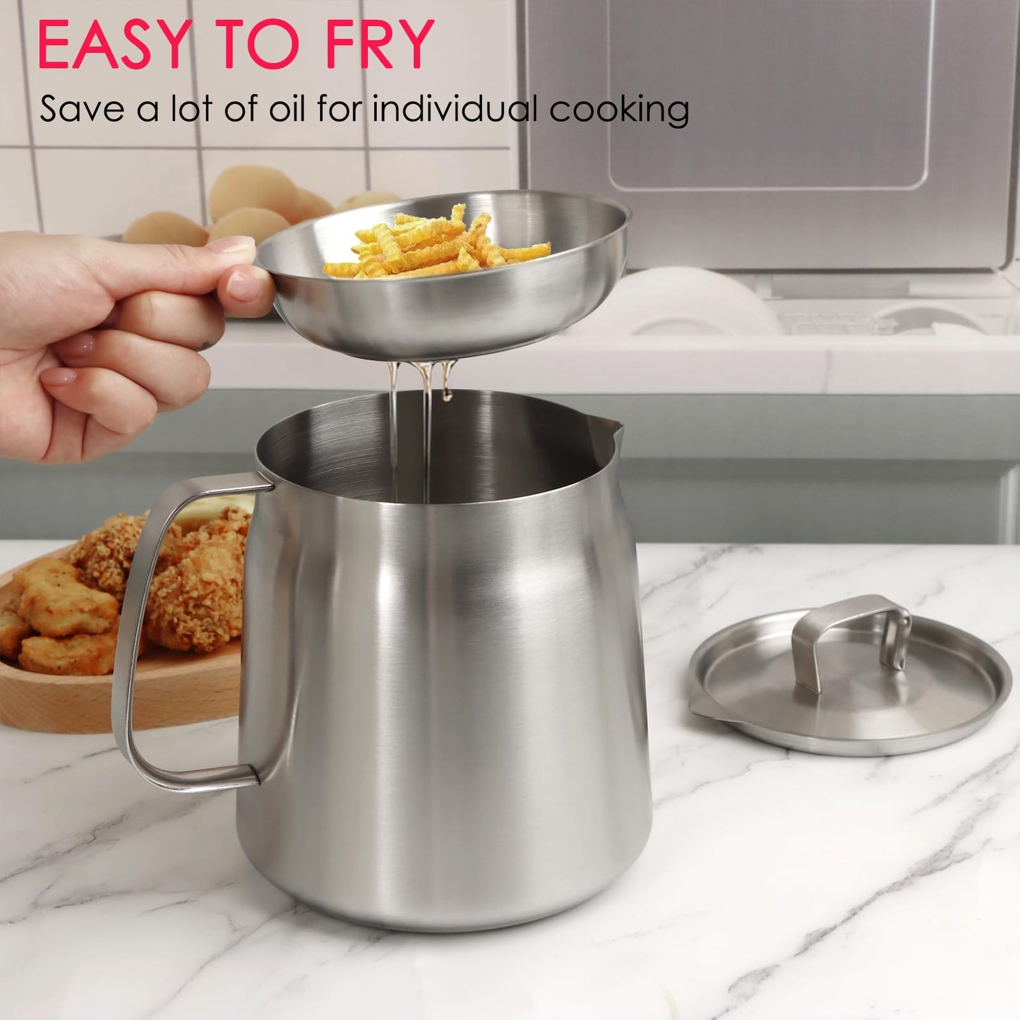 50oz 304 Stainless Steel Oil Filter Pot, Heavy Duty Bacon Grease Container & Deep Fryer Basket, Large Capacity Multi-function Oil Filter Vessel with Strainer for Kitchen Storing Frying Cooking Grease