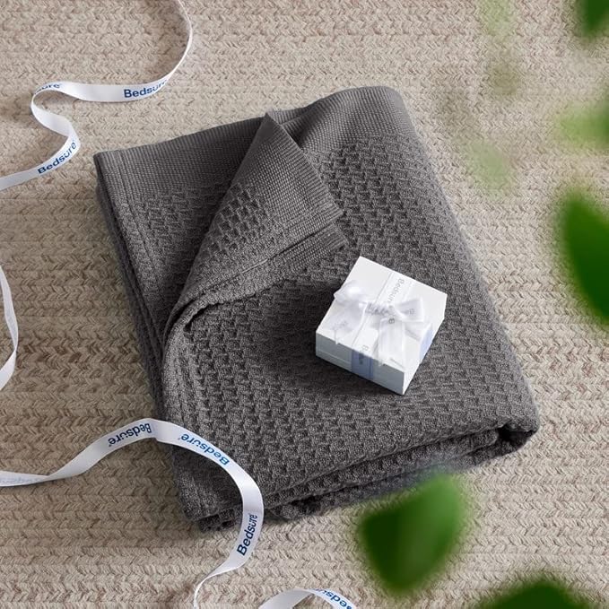 Bedsure 100% Cotton Blanket King Size for Bed - Breathable and Soft, Waffle Weave Blanket for Summer Spring, Dark Grey, 104x90 inches