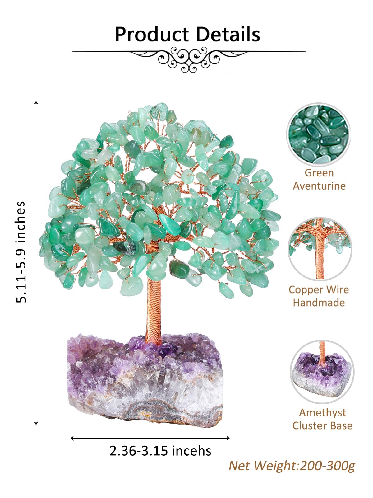 Jovivi Natural Green Aventurine Healing Crystal Money Tree on Amethyst Cluster Geode Druzy Base Feng Shui Crystals for Home Office Desk Decorations, Wealth, Good Luck