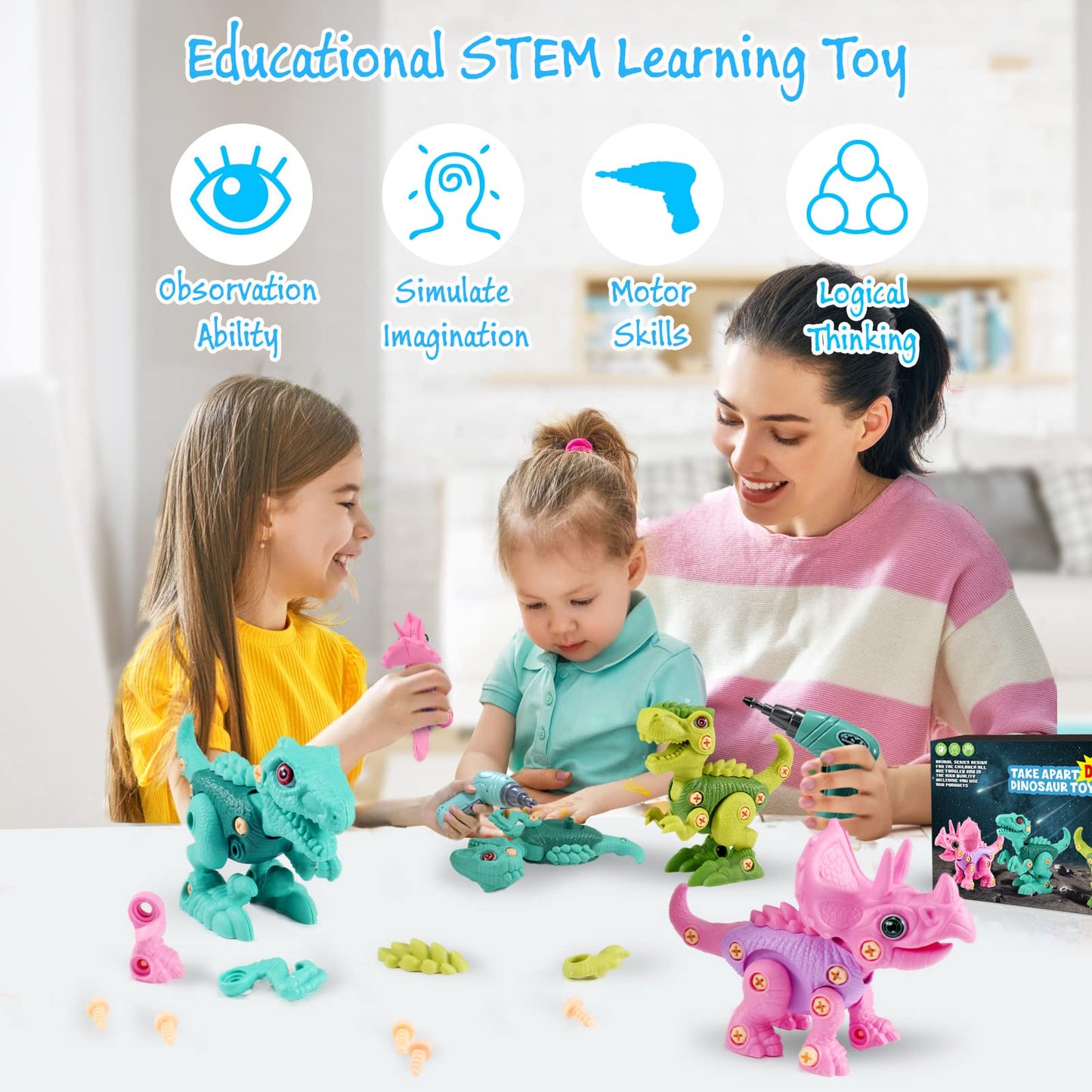 FREE TO FLY Dinosaur Toys for 3 4 5 6 Years Old Girls, Take Apart Dinosaur Learning Toys for Kids 3-5 5-7, STEM Building Construction Set with Electric Drill, Birthday Ideas
