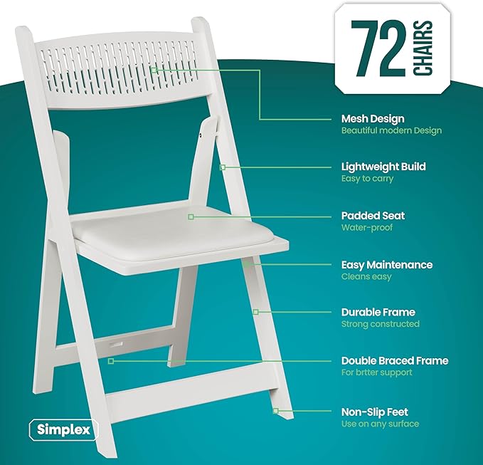 SIMPLEX White Stackable Folding Chairs with Padded Seat & Mesh Back, Padded Indoor/Outdoor Folding Chair, Lightweight Foldable Chairs, Weight Capacity 800LBs (72 Pack)