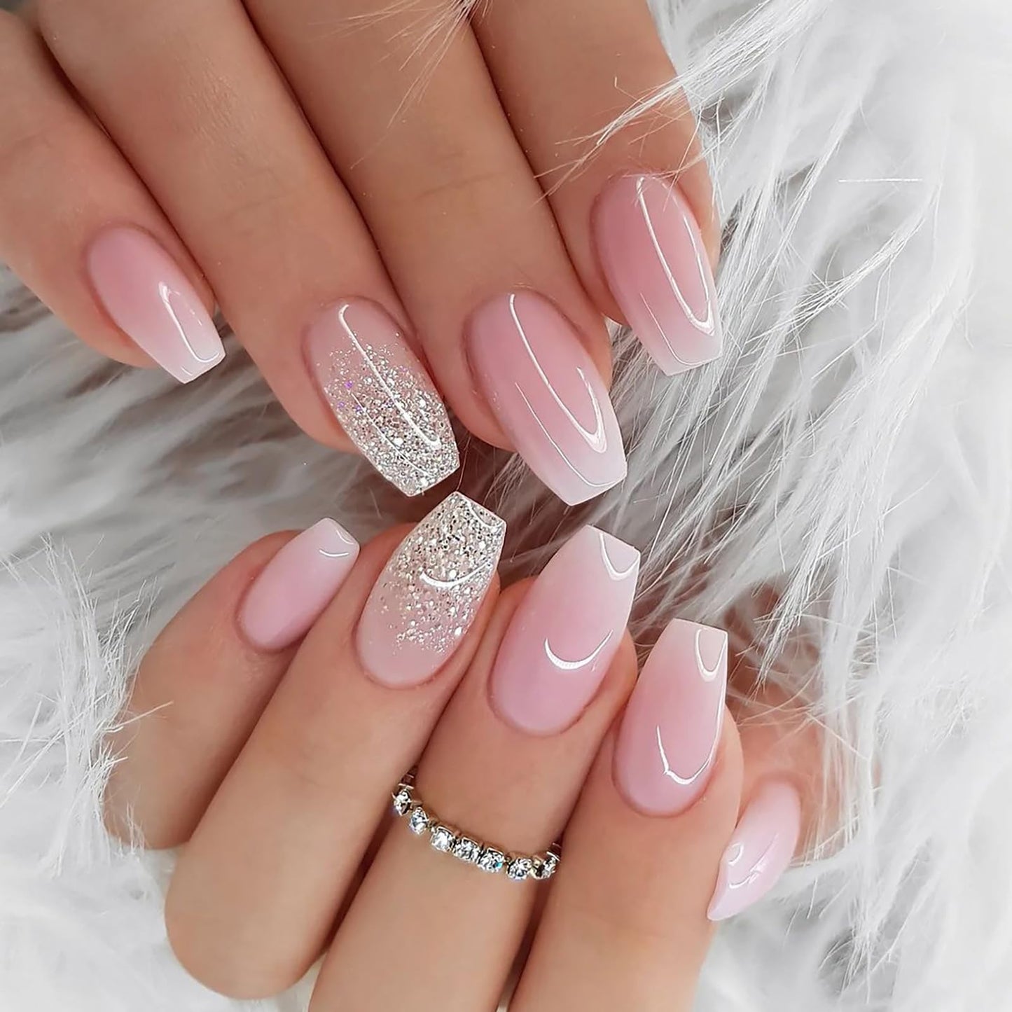 SWEKKE Medium Coffin French Fake Nails - Pink Gradient Full Cover Glossy Glue on Acrylic Artificial Nails for Women Girls - 24Pcs