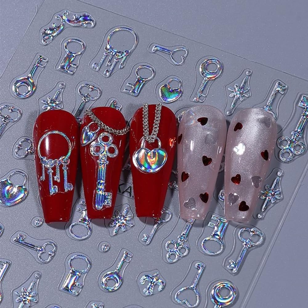 4 Sheets 5D Embossed Key Nail Stickers Silver Key Nail Designs Laser Hearts Lock Nails Supplies 3D Self-Adhesive Laser Keys Ring Rose Gold Lock Bone Nails Decals for Women DIY Manicure
