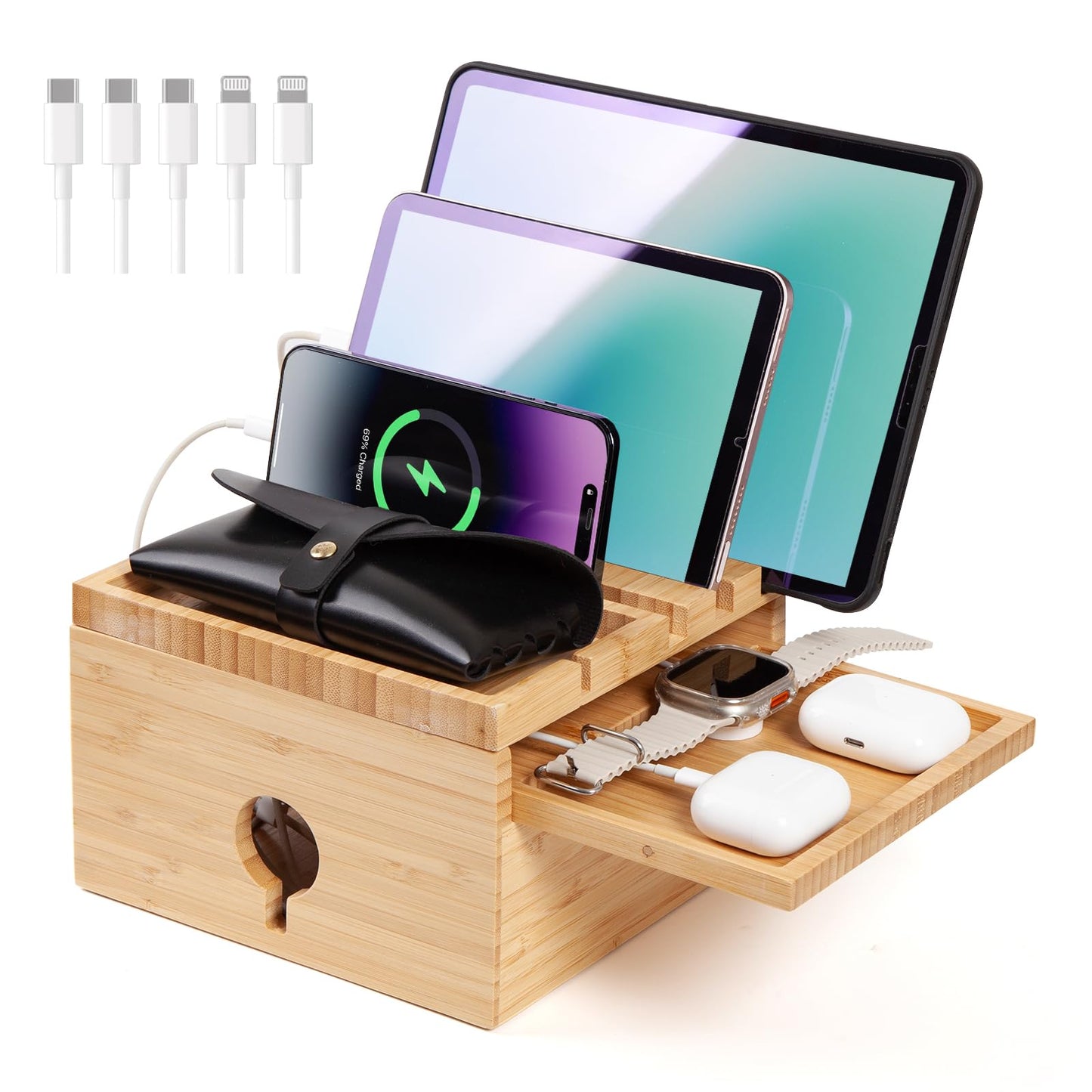 PERFECYEE Bamboo Charging Station for Multiple Devices, Desktop Charger Organizer with Small Tray, Compatible with Cell Phone, Tablet, Earphones (with 5-Cable, No USB Charger)