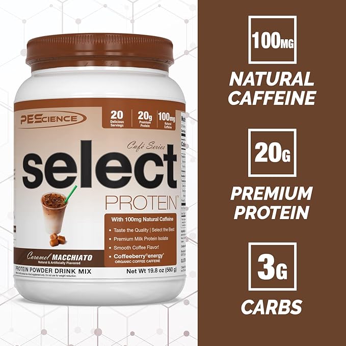 PEScience Select Cafe Coffee Protein Powder, Caramel Macchiato, 20 Servings, Whey and Casein Blend, Natural Caffeine, Clean Isolate Protein for Women and Men, Iced or Hot