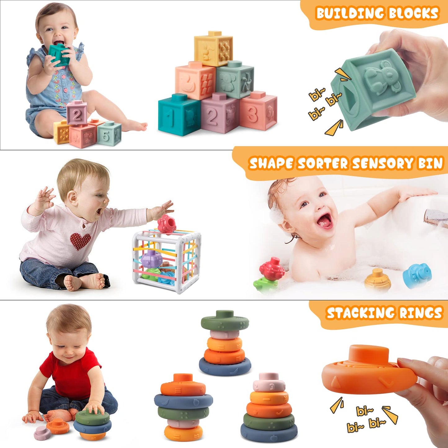 Plunack 4-in-1 Baby Toys Montessori Soft Stacking Blocks for Babies, Infants Teething Toys, Sensory Balls and Educational Learning Set for Toddlers (Boys & Girls)