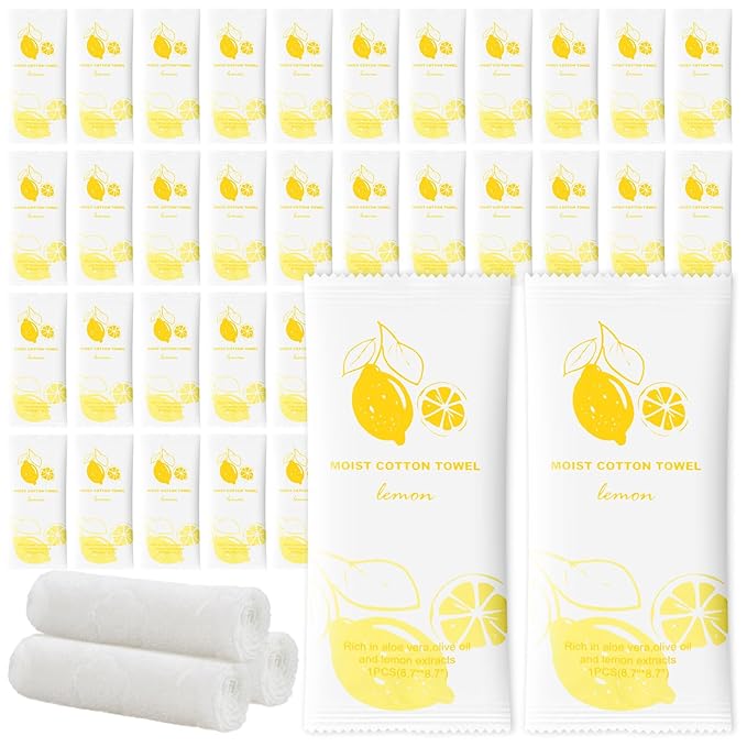 Moist Cotton Towel Bulk Moist Towelettes Individually Wrapped,White Towel Services,Refreshment Pre Moistened Towels for Dentist Travel Sport Party Hotel 200,Lemon