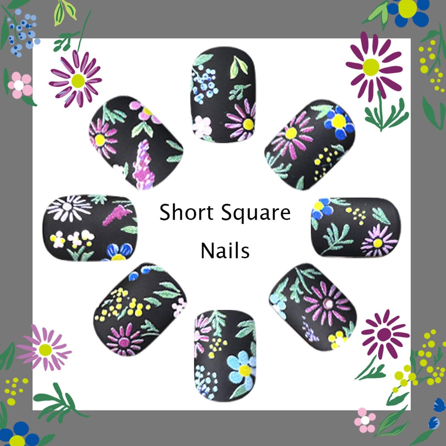 24 Pcs Spring Press on Nails Short Square False Nails Press ons Black Acrylic Glue on Nail with Flowers Design Colorful, Black Full Cover Set Artificial Fake Manicure Stickers for Women