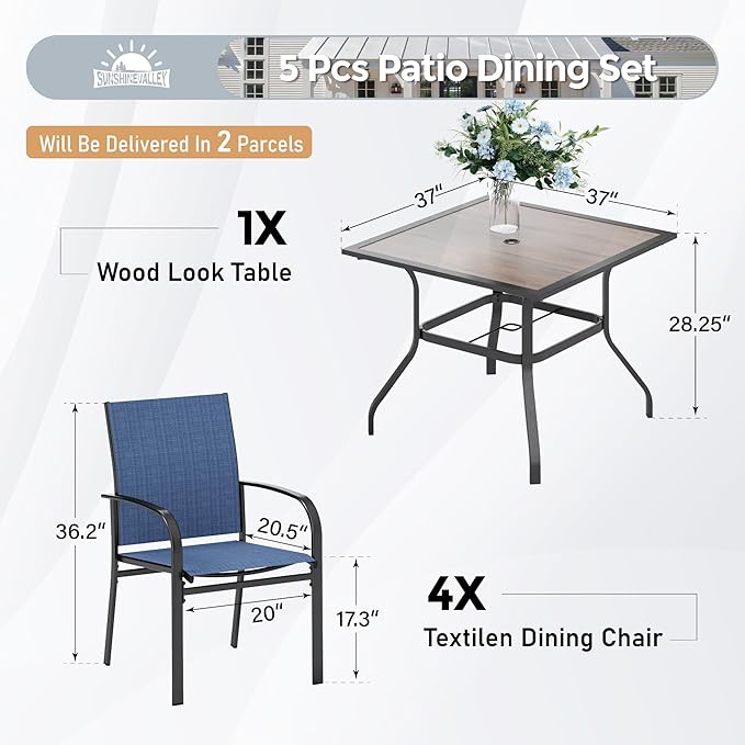 5 Piece Patio Dining Set for 4, 37”x37” Square Table (PVC Wood-Like Table Top) with 1.57" Umbrella Hole, 4 Metal Blue Chairs, Outdoor Table and Chairs Set for Lawn Backyard and Deck