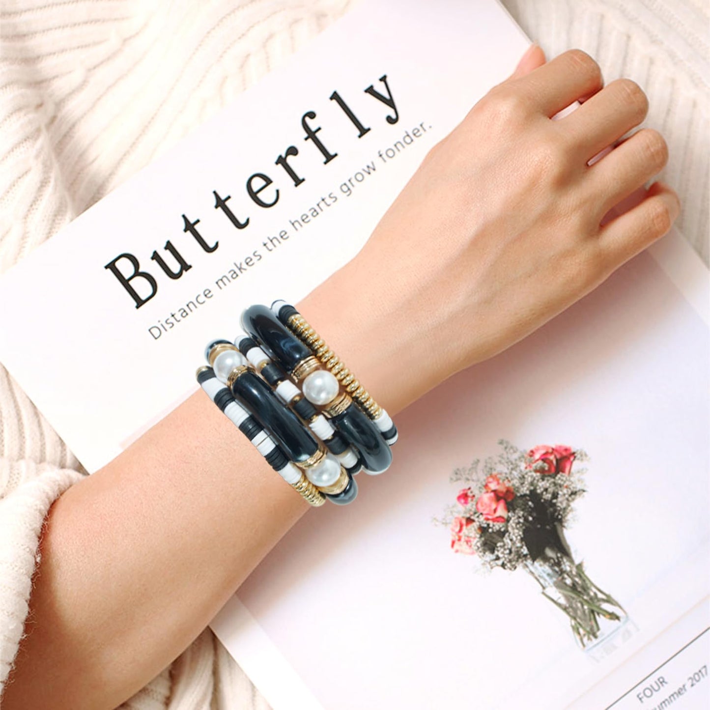 GOOJIDS Simple Beaded Gold Plated Bangles Bracelet Chunky Bamboo Tube Curved Stacking Clear Acrylic Colorful Beads Stretchable Gold Plated Bracelets Set For Women