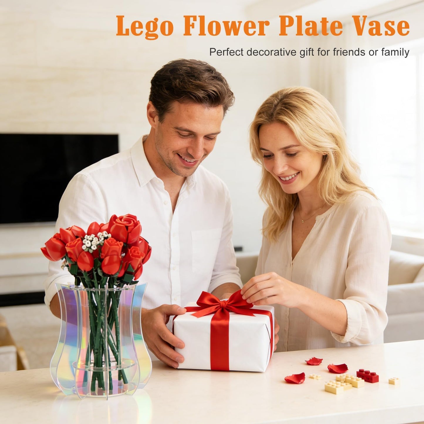 Acrylic Vase for LEGO Flowers - Sturdy Display Stand & Holder for LEGO Flower Bouquet Building Set, Botanical Collection, Roses & Orchids | 32-Stem Arrangement Design (Rainbow)